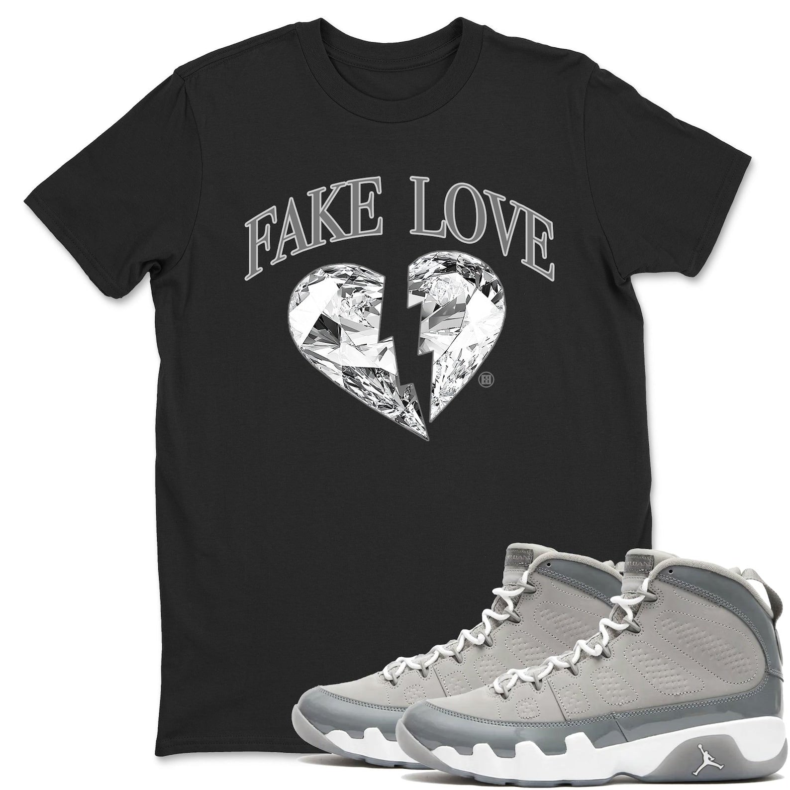 Fake Love Best T-shirts To Wear With Jordans 9s Retro Cool Grey, Medium Grey/White-Cool Grey, HV4794-011 T-Shirt, Sneaker Match Tee