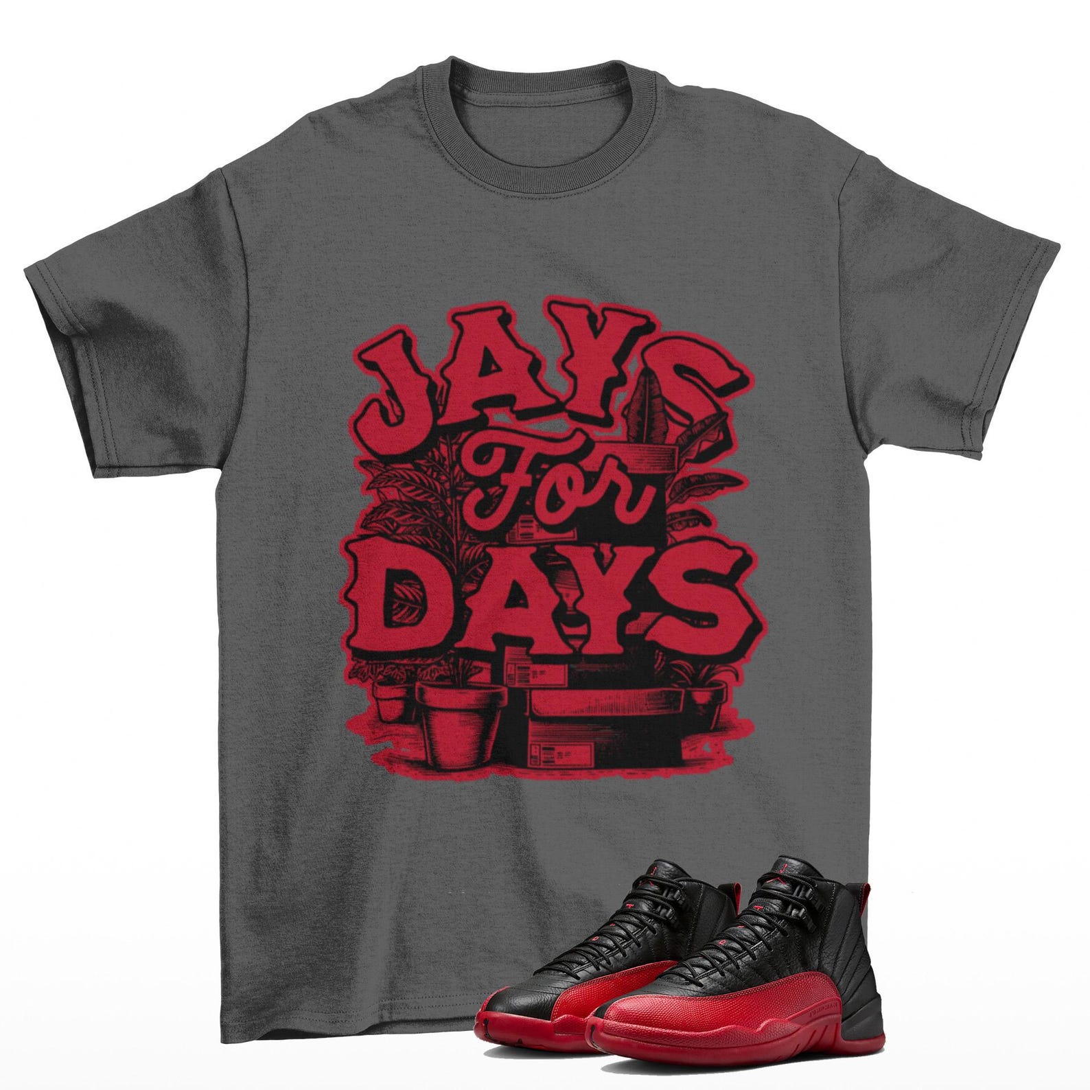 Stacked Jordan 12 Flu Game Sneaker Matching T Shirt Grey, CT8013-002 T-Shirt, Sneaker Match Tee