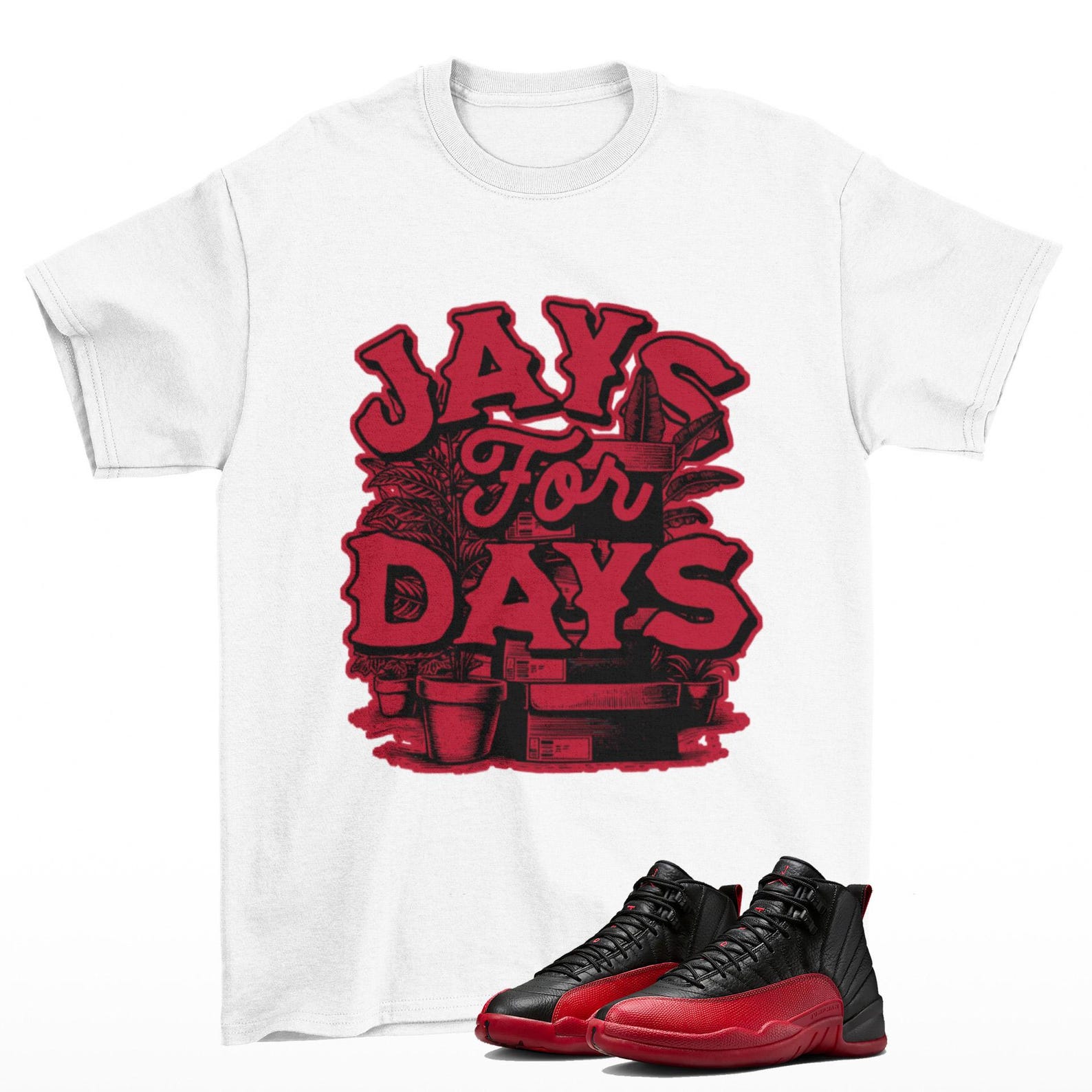 Stacked Jordan 12 Flu Game Sneaker Matching T Shirt White, CT8013-002 T-Shirt, Sneaker Match Tee