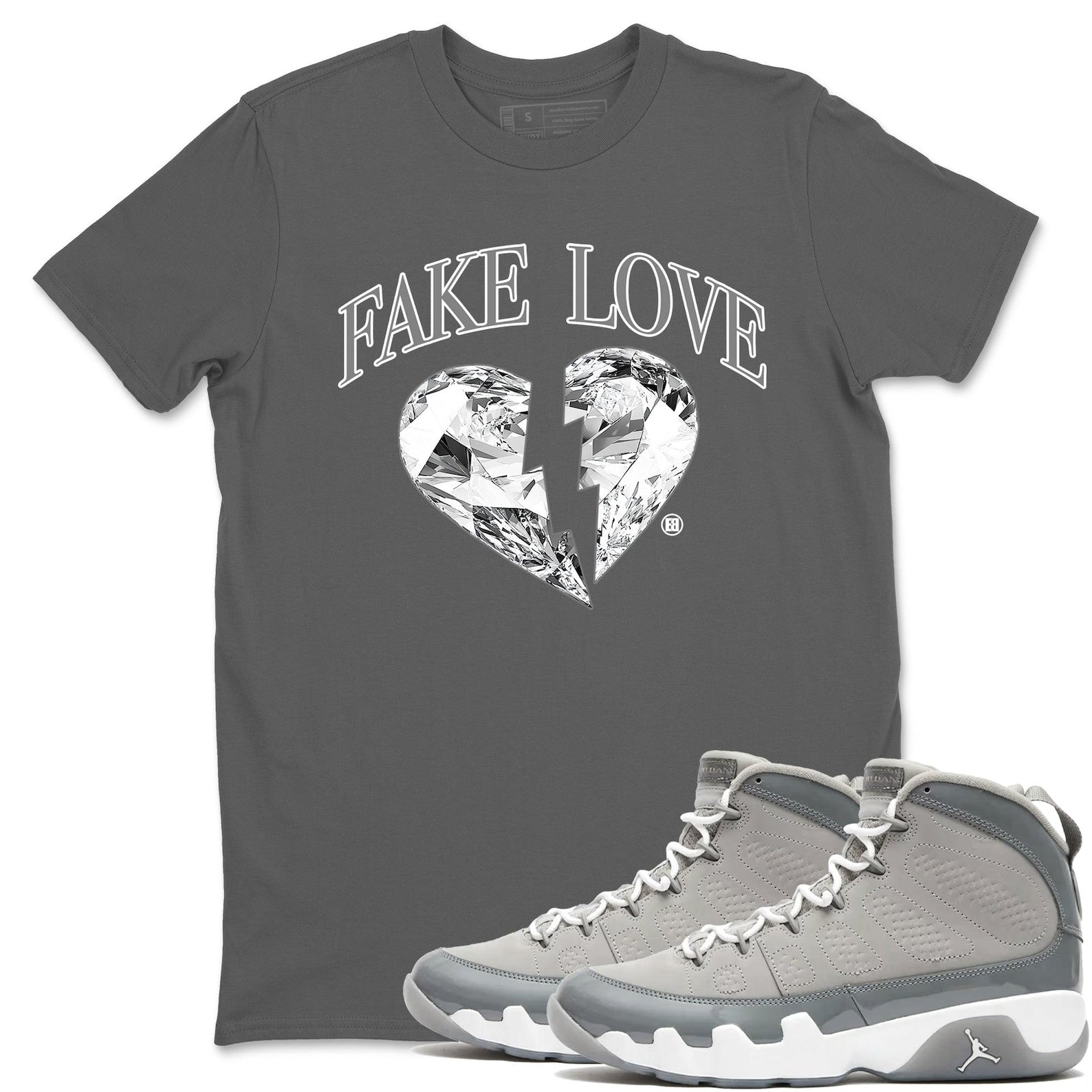 Fake Love Best T-shirts To Wear With Jordans 9s Retro Cool Grey, Medium Grey/White-Cool Grey, HV4794-011 T-Shirt, Sneaker Match Tee
