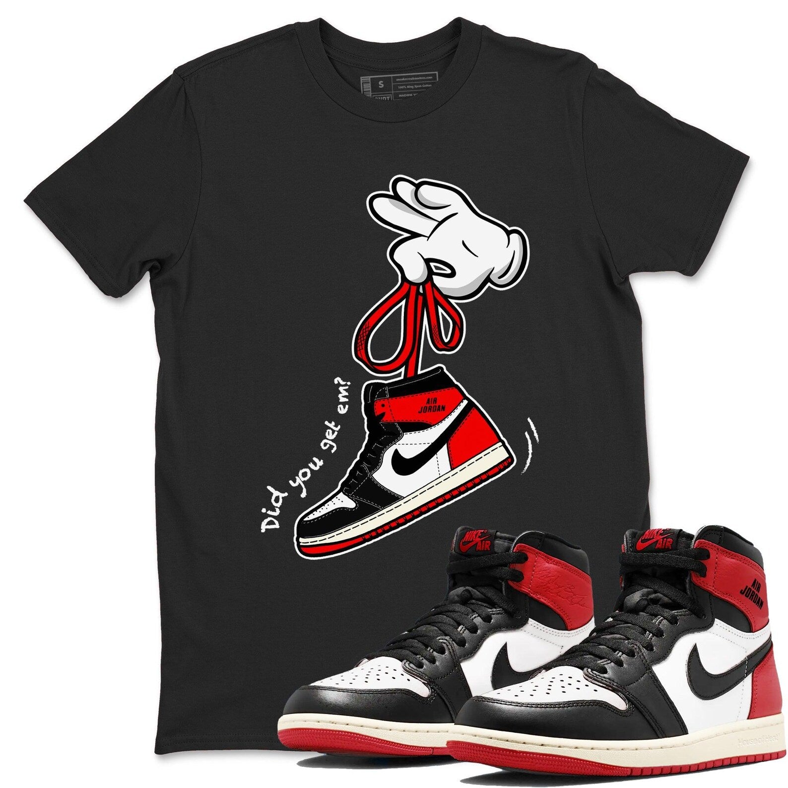 Cartoon Hands Sneaker Tee - Unisex Sneaker Shirts To Match Jordans 1s High OG Black Toe Reimagined, DZ5485-106 T-Shirt, Sneaker Match Tee