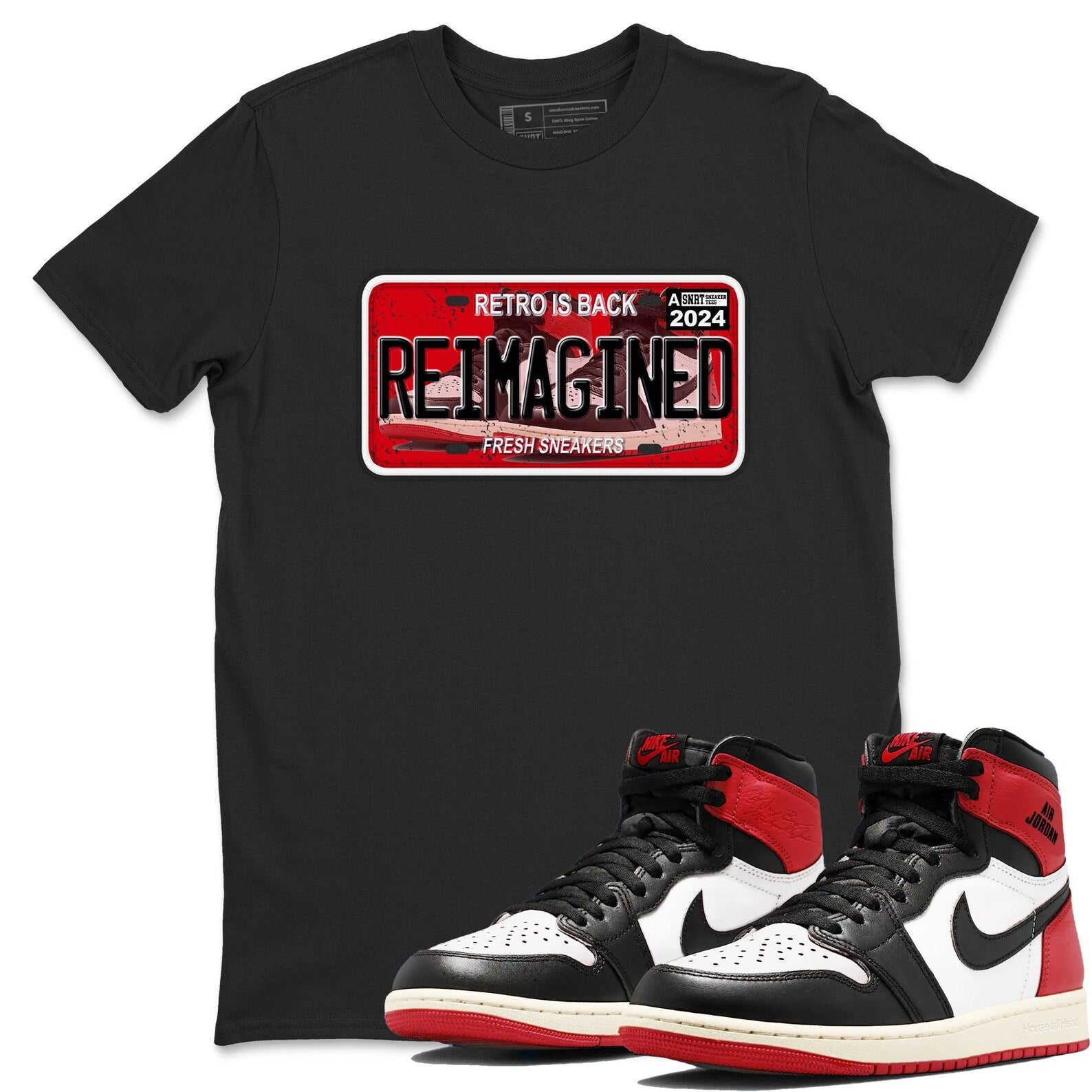Sneaker Plate Sneaker Tee - Unisex Sneaker Shirts To Match Jordans 1s High OG Black Toe Reimagined, DZ5485-106 T-Shirt, Sneaker Match Tee