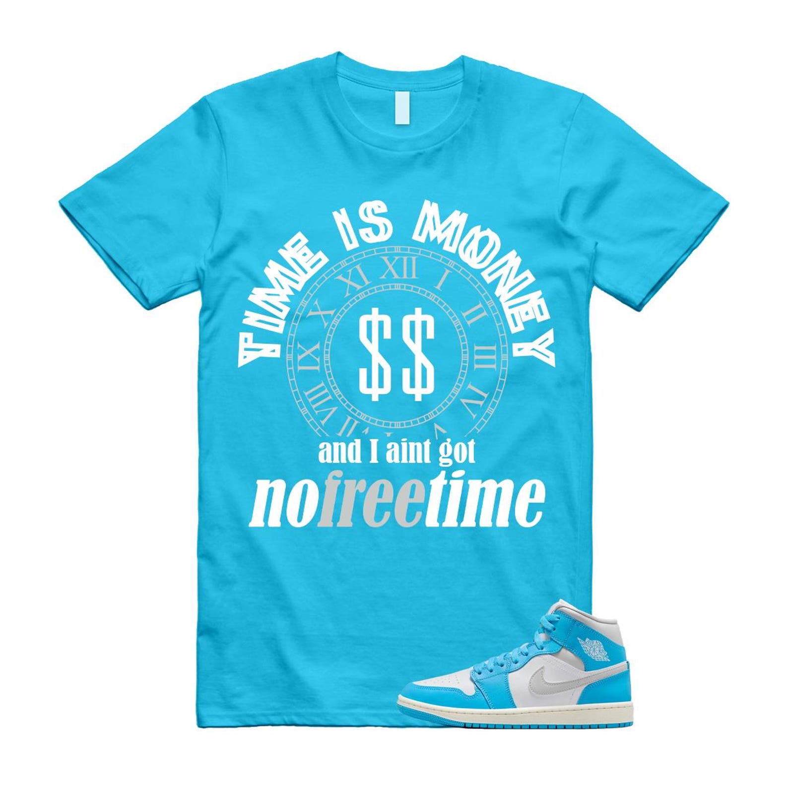 1 Dark Powder Blue White Sail Neutral Grey Mid T Shirt Match FREE BQ6472-400 T-Shirt, Sneaker Match Tee