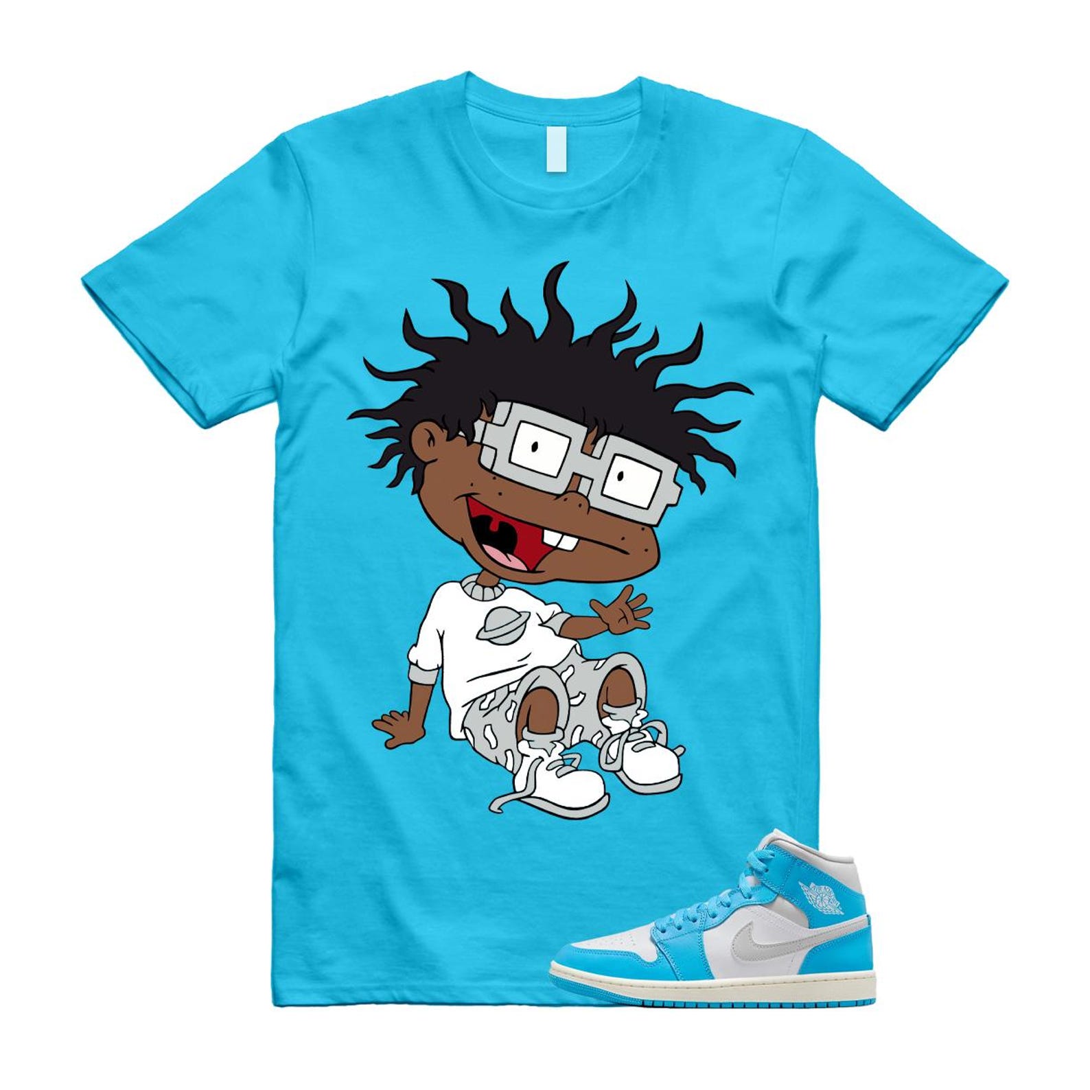 1 Dark Powder Blue White Sail Neutral Grey Mid T Shirt Match FINSTER BQ6472-400 T-Shirt, Sneaker Match Tee