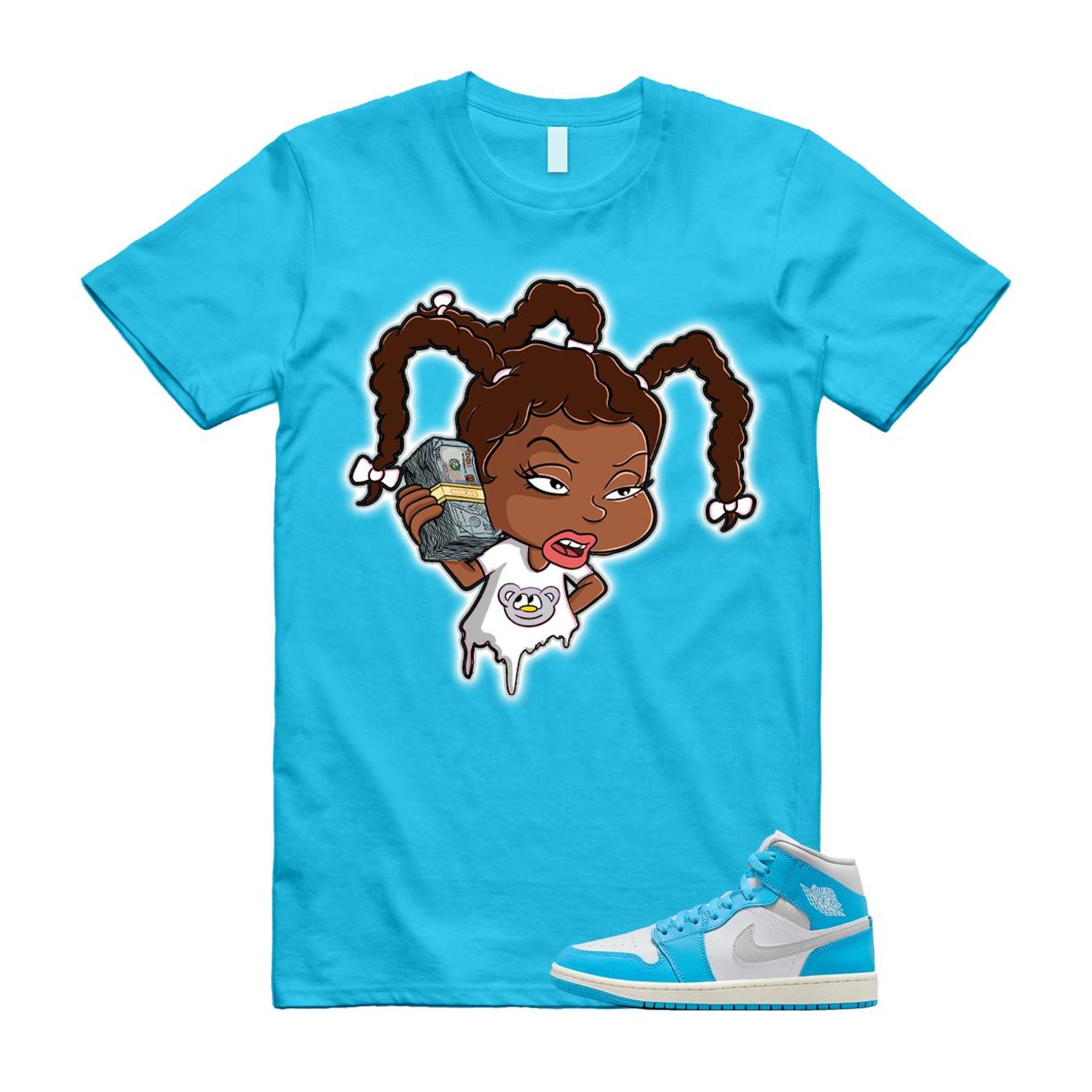 1 Dark Powder Blue White Sail Neutral Grey Mid T Shirt Match SUSIE BQ6472-400 T-Shirt, Sneaker Match Tee