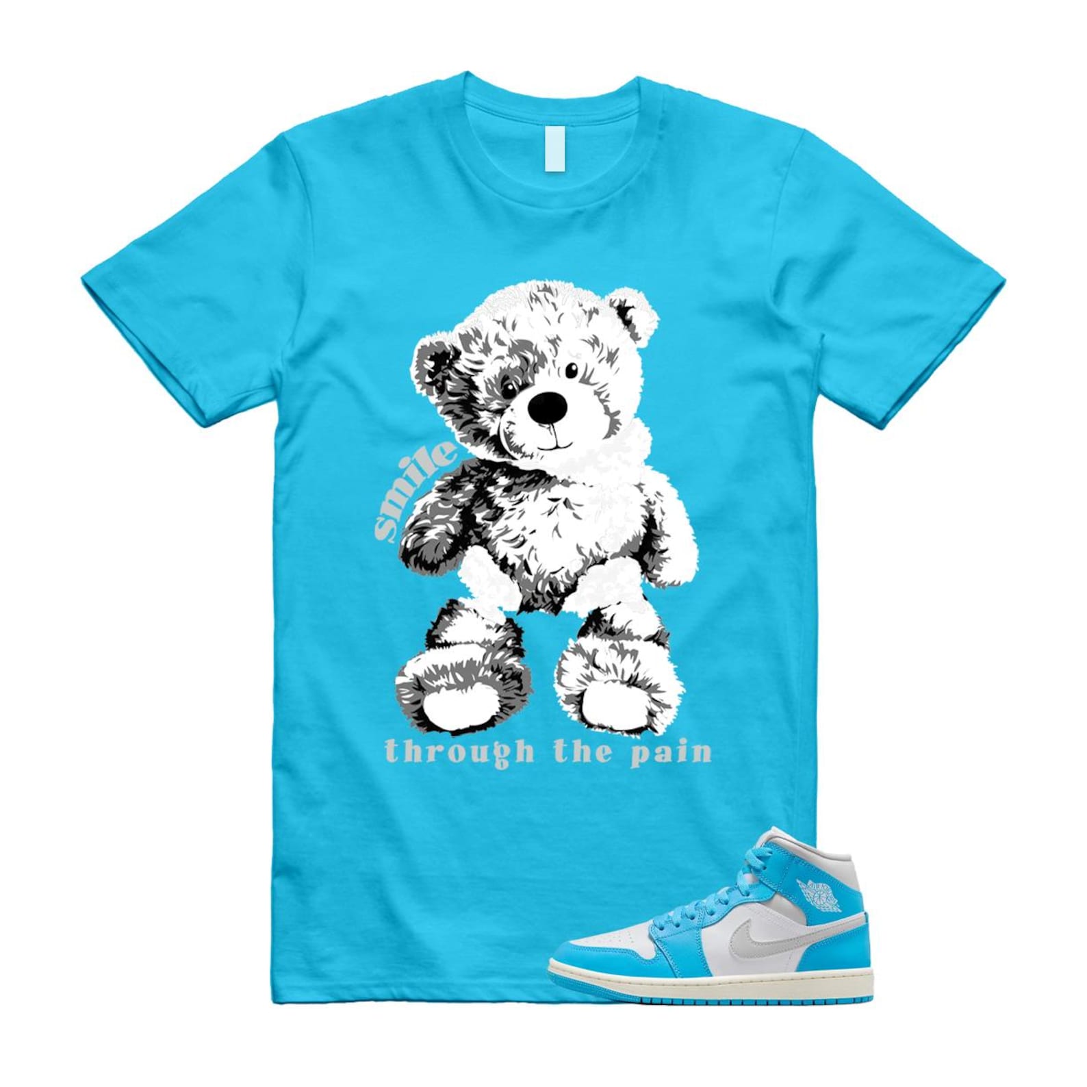 1 Dark Powder Blue White Sail Neutral Grey Mid T Shirt Match SMILE BQ6472-400 T-Shirt, Sneaker Match Tee
