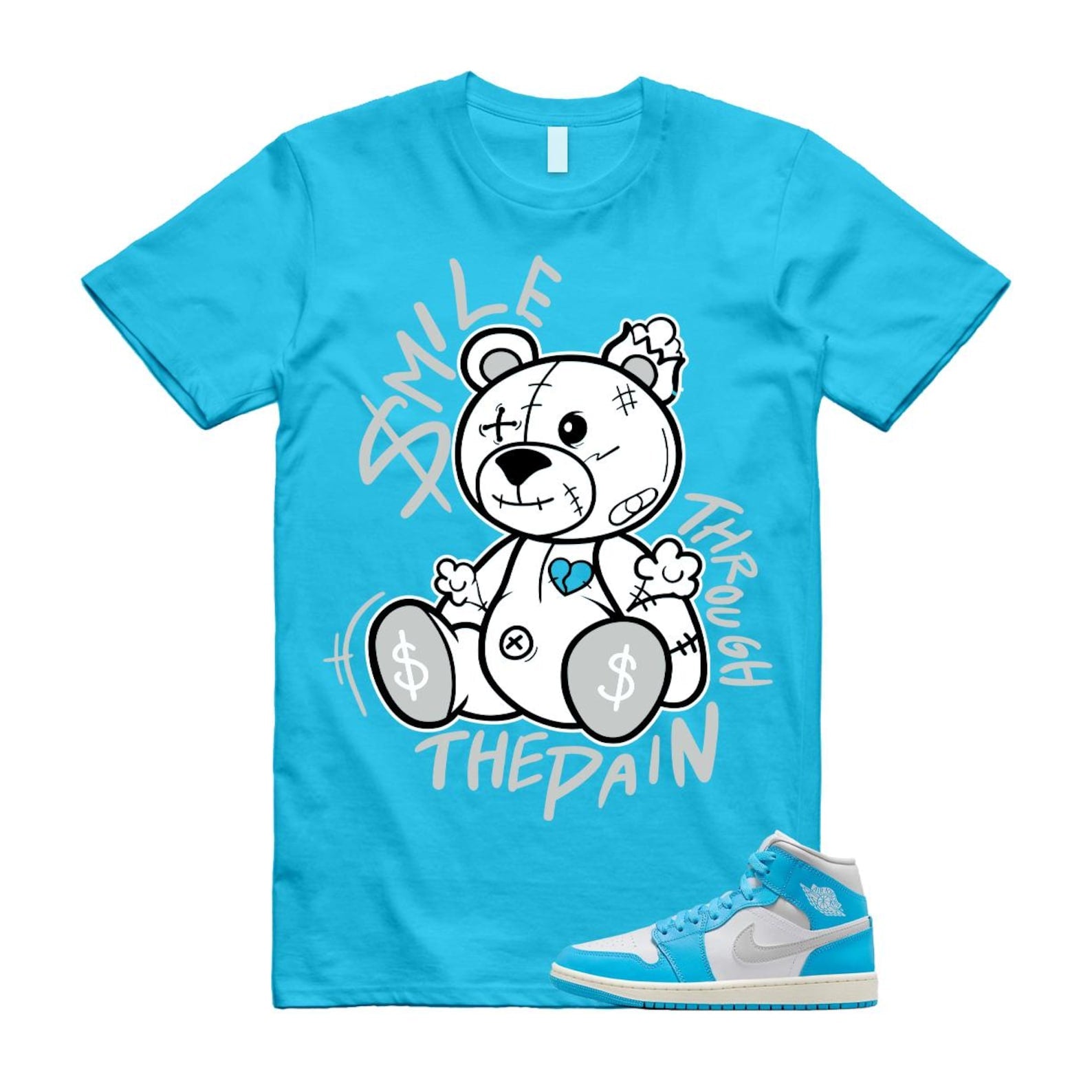 1 Dark Powder Blue White Sail Neutral Grey Mid T Shirt Match SM2 BQ6472-400 T-Shirt, Sneaker Match Tee