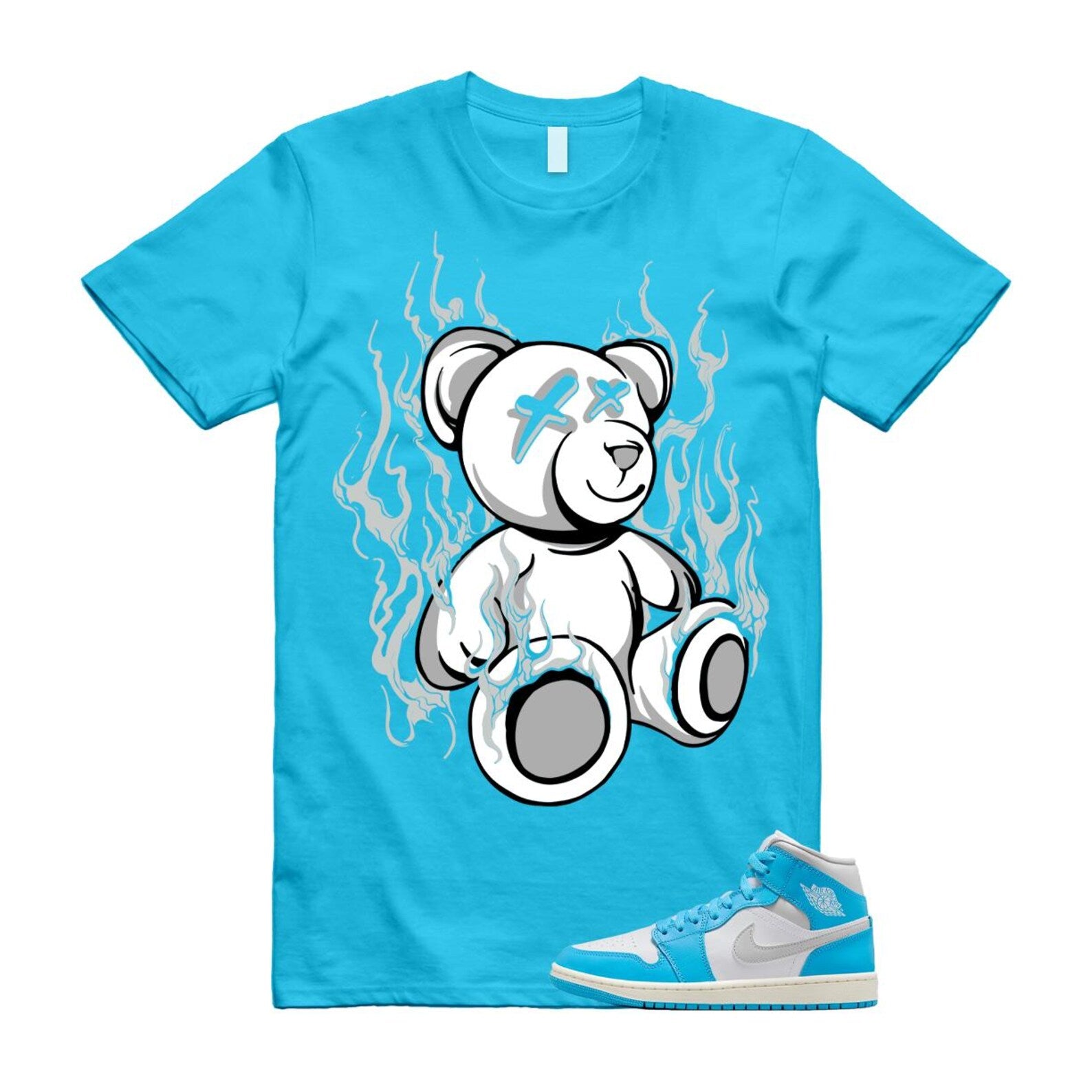 1 Dark Powder Blue White Sail Neutral Grey Mid T Shirt Match LIT BQ6472-400 T-Shirt, Sneaker Match Tee