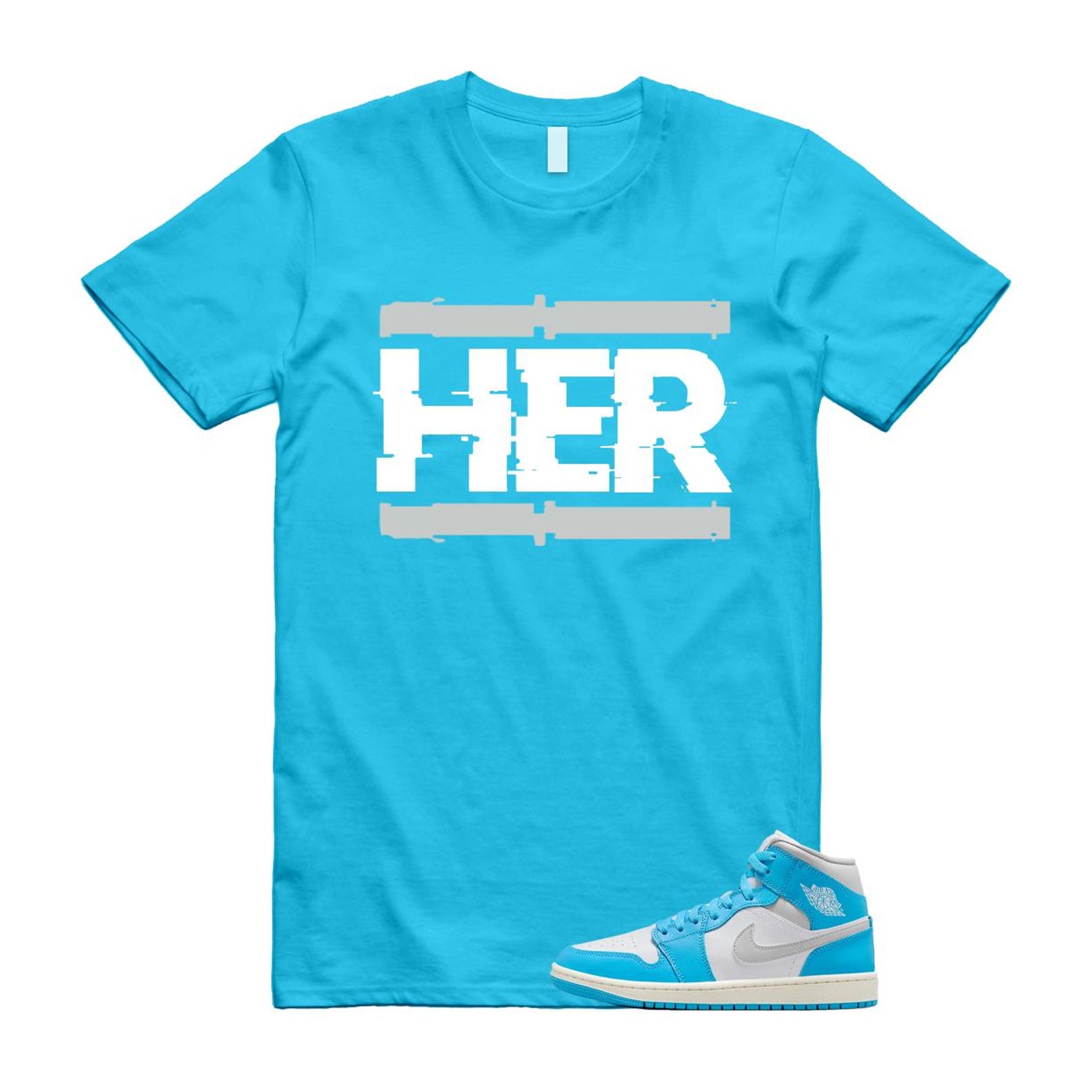 1 Dark Powder Blue White Sail Neutral Grey Mid T Shirt Match HER BQ6472-400 T-Shirt, Sneaker Match Tee