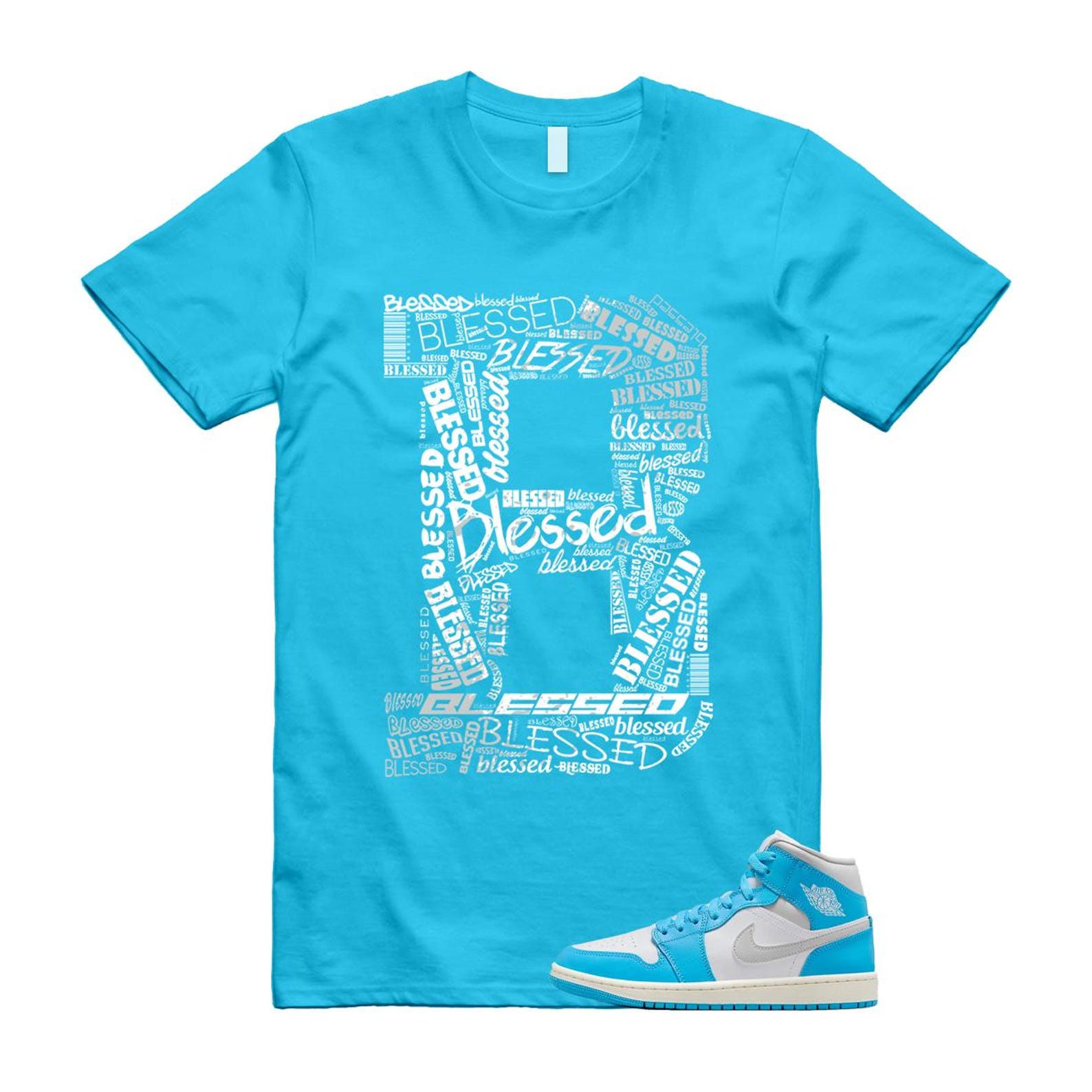 1 Dark Powder Blue White Sail Neutral Grey Mid T Shirt Match B BLS BQ6472-400 T-Shirt, Sneaker Match Tee