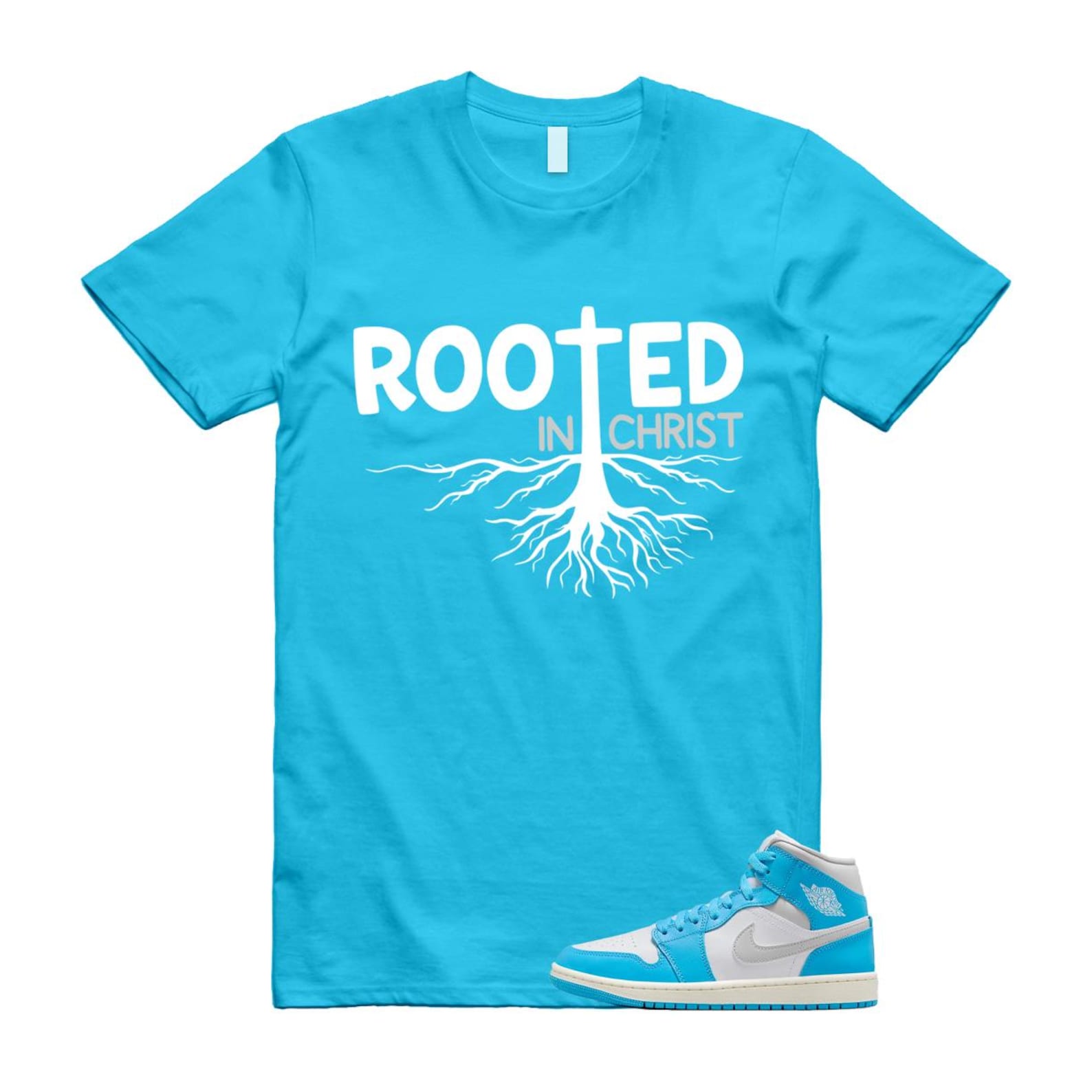 1 Dark Powder Blue White Sail Neutral Grey Mid T Shirt Match ROOTED BQ6472-400 T-Shirt, Sneaker Match Tee