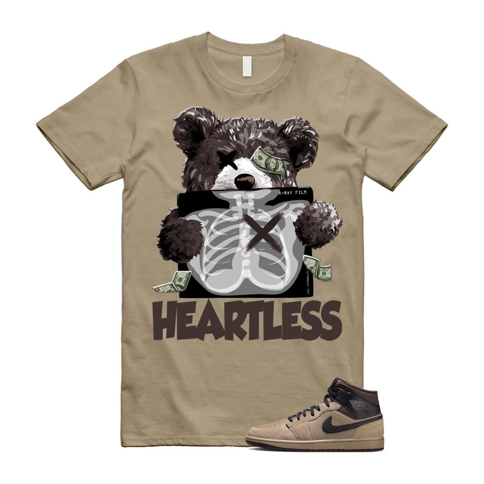 1 Khaki Baroque Brown Black Gum Mid T Shirt Match HEART HV6422-200 T-Shirt, Sneaker Match Tee