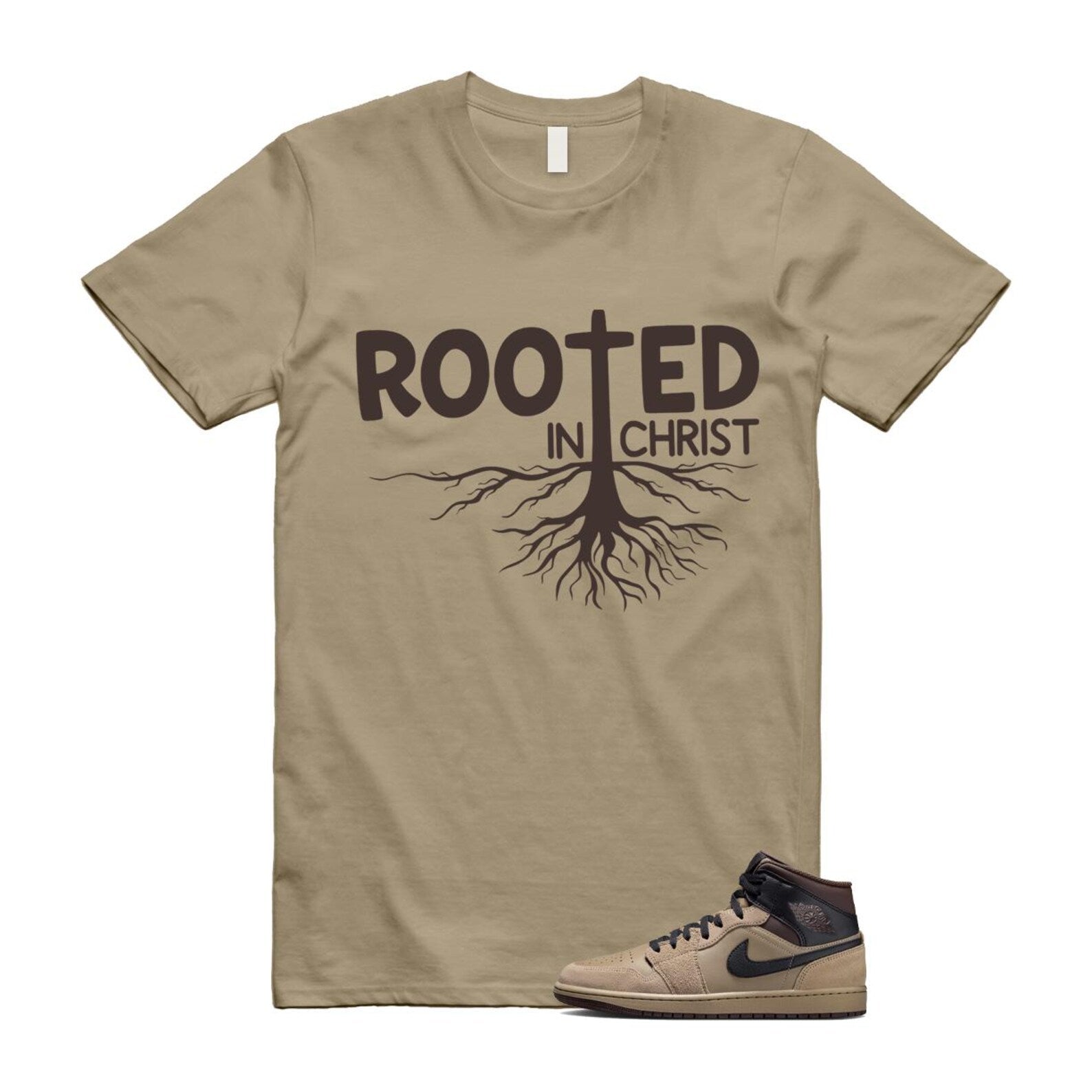 1 Khaki Baroque Brown Black Gum Mid T Shirt Match ROOTED HV6422-200 T-Shirt, Sneaker Match Tee