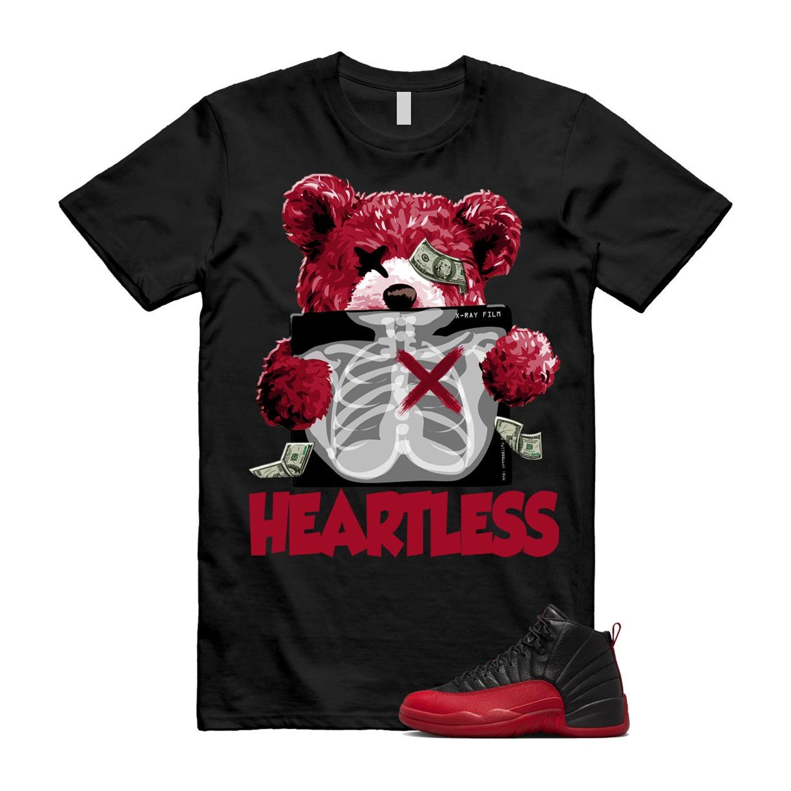 12 Flu Game 2025 Black Varsity Red T Shirt Match HEART, 153265-002 T-Shirt, Sneaker Match Tee