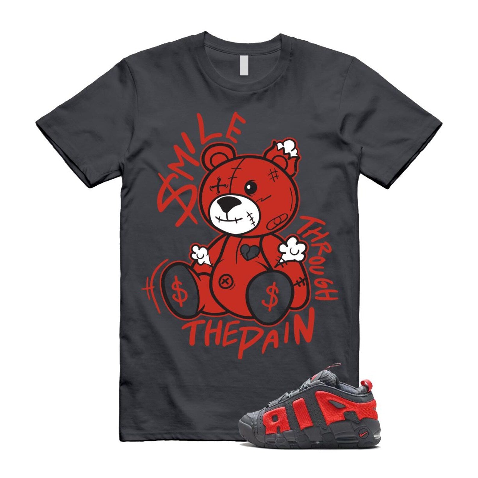 Uptempo Dark Grey Light Crimson Air More T Shirt Match SM2 FZ3055-002 T-Shirt, Sneaker Match Tee
