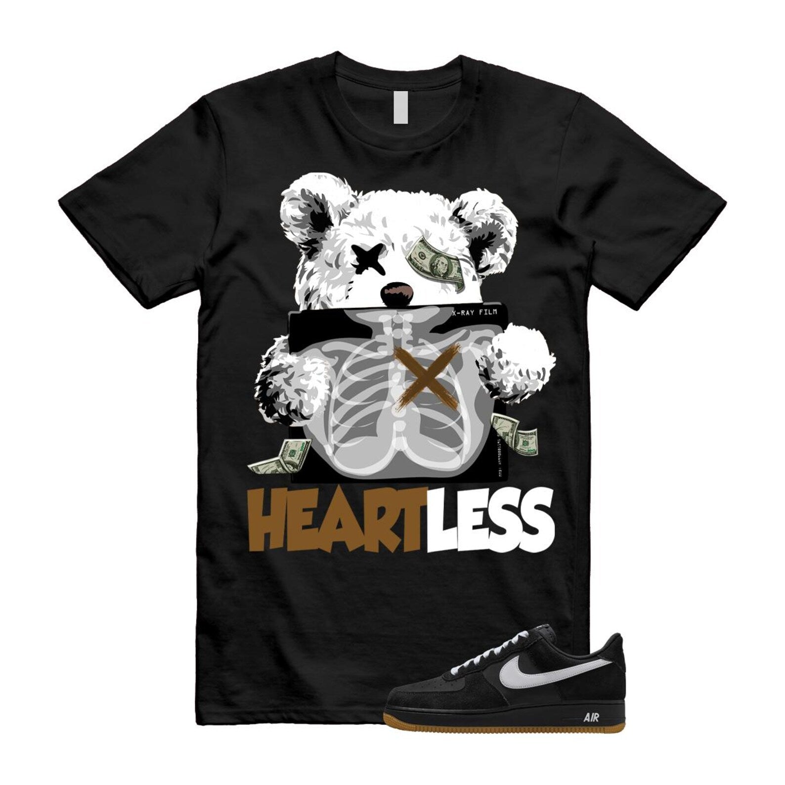 Air Force 1 Black White Gum Light Brown '07 LV8 T Shirt Match HEART IB6388-001 T-Shirt, Sneaker Match Tee