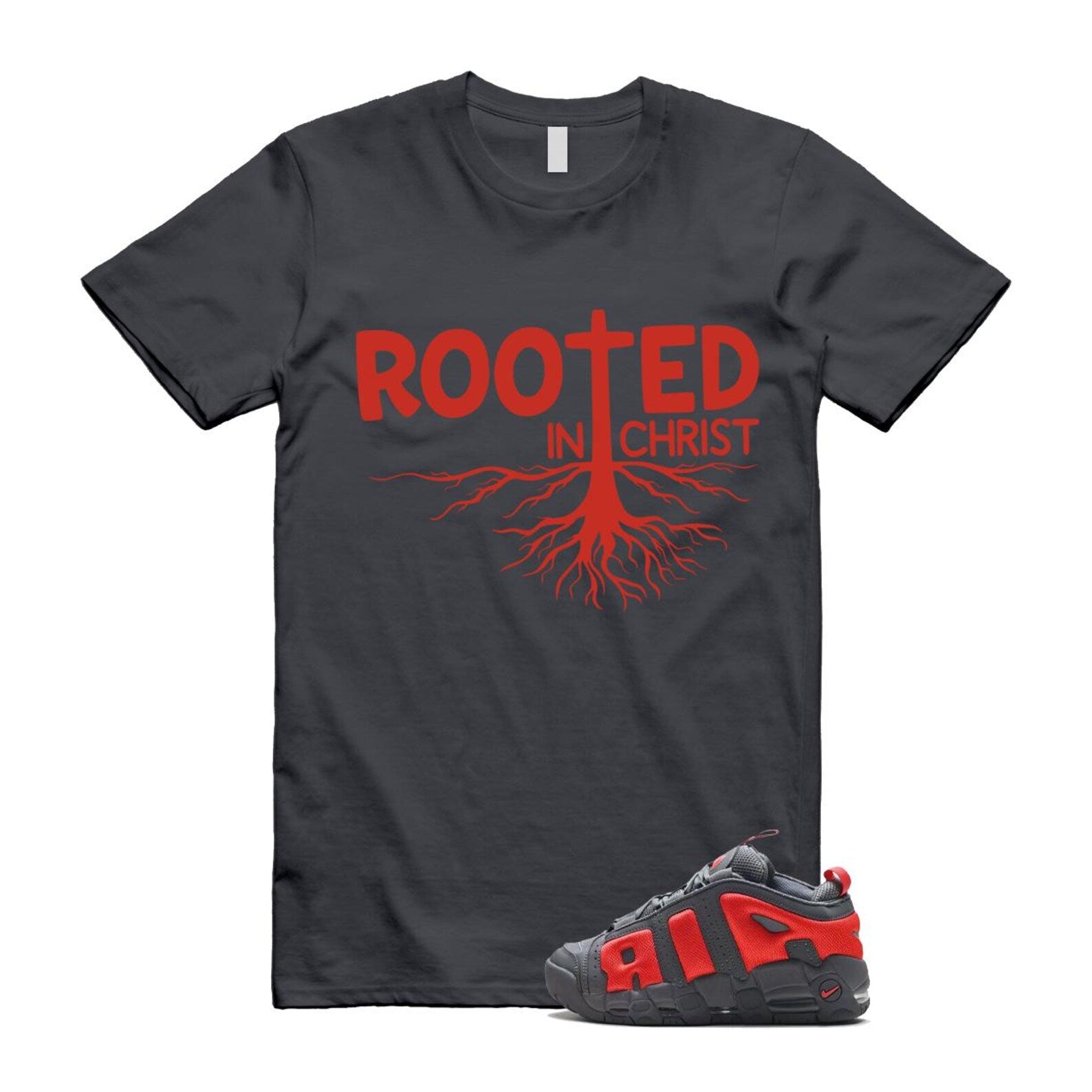 Uptempo Dark Grey Light Crimson Air More T Shirt Match ROOTED FZ3055-002 T-Shirt, Sneaker Match Tee