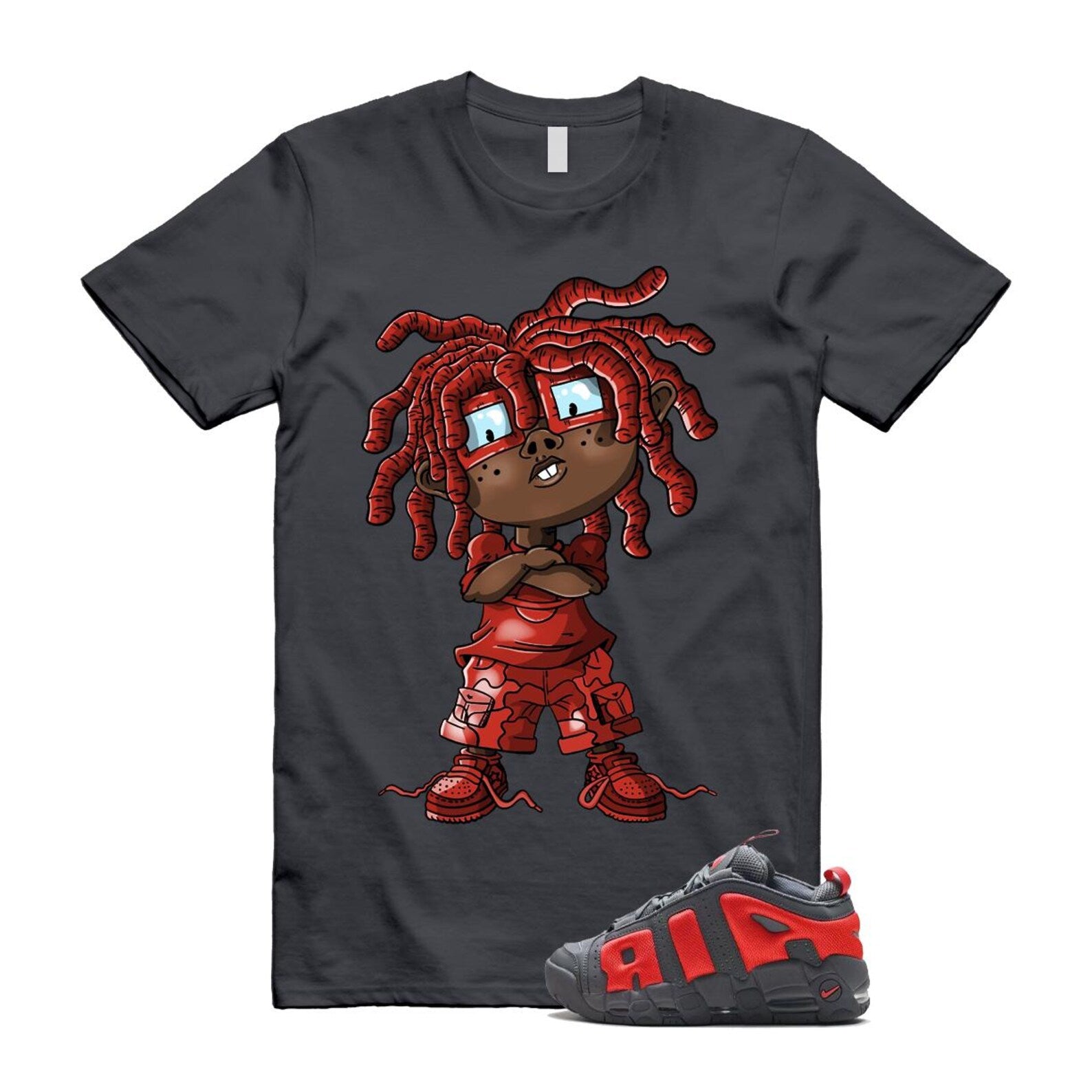 Uptempo Dark Grey Light Crimson Air More T Shirt Match CHONGO FZ3055-002 T-Shirt, Sneaker Match Tee