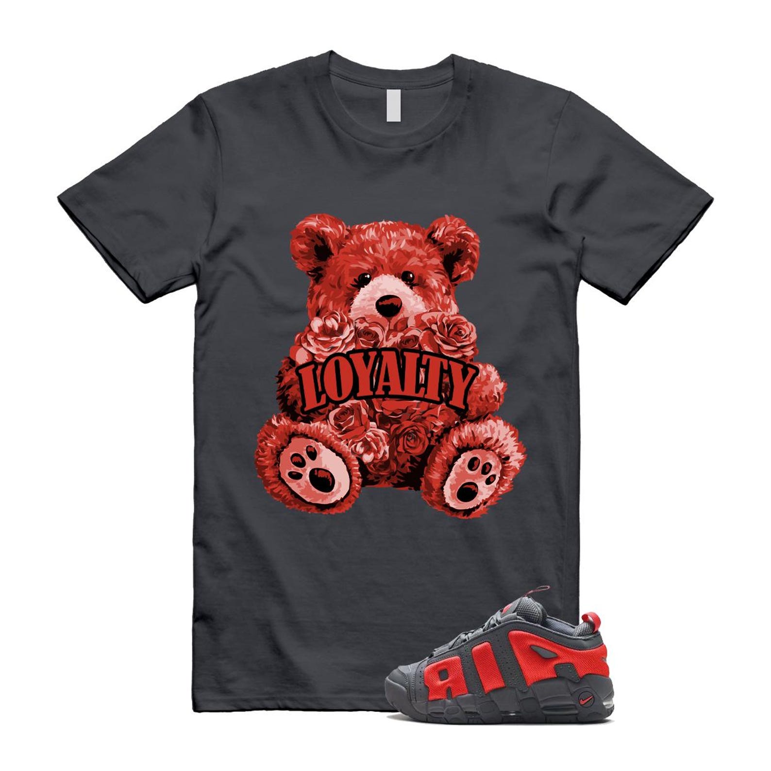 Uptempo Dark Grey Light Crimson Air More T Shirt Match LYLTY FZ3055-002 T-Shirt, Sneaker Match Tee