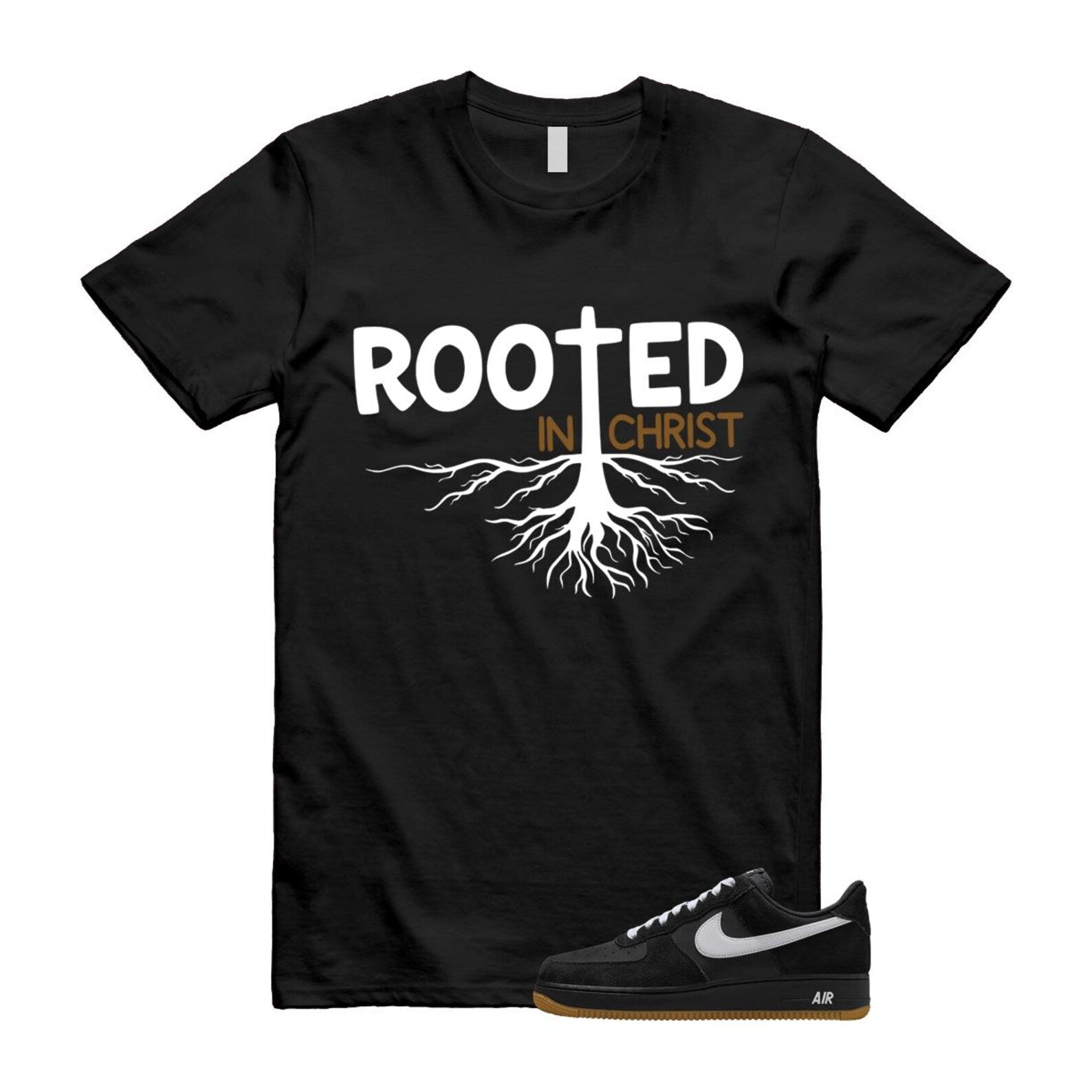 Air Force 1 Black White Gum Light Brown '07 LV8 T Shirt Match ROOTED IB6388-001 T-Shirt, Sneaker Match Tee