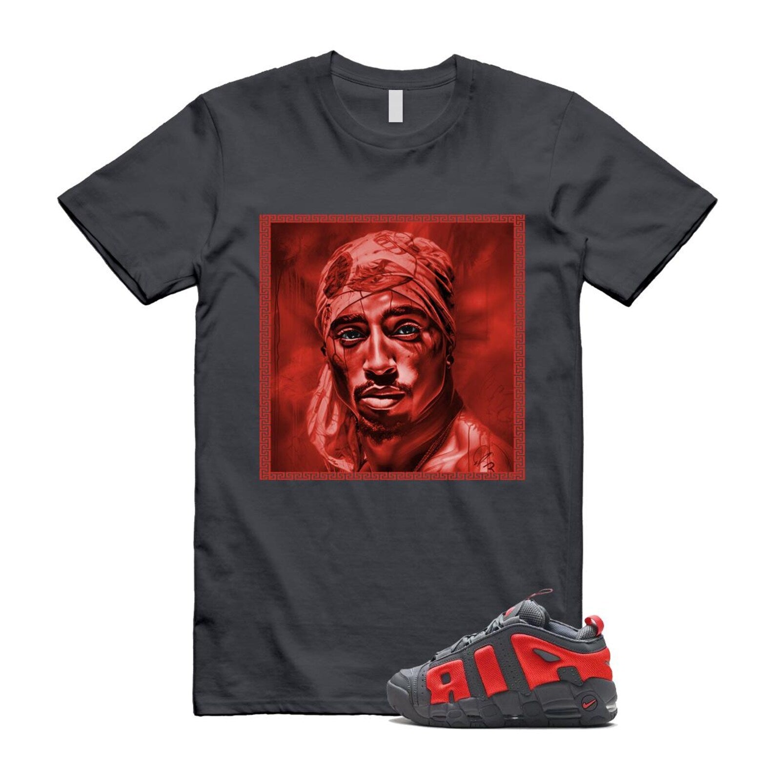 Uptempo Dark Grey Light Crimson Air More T Shirt Match PAC FZ3055-002 T-Shirt, Sneaker Match Tee