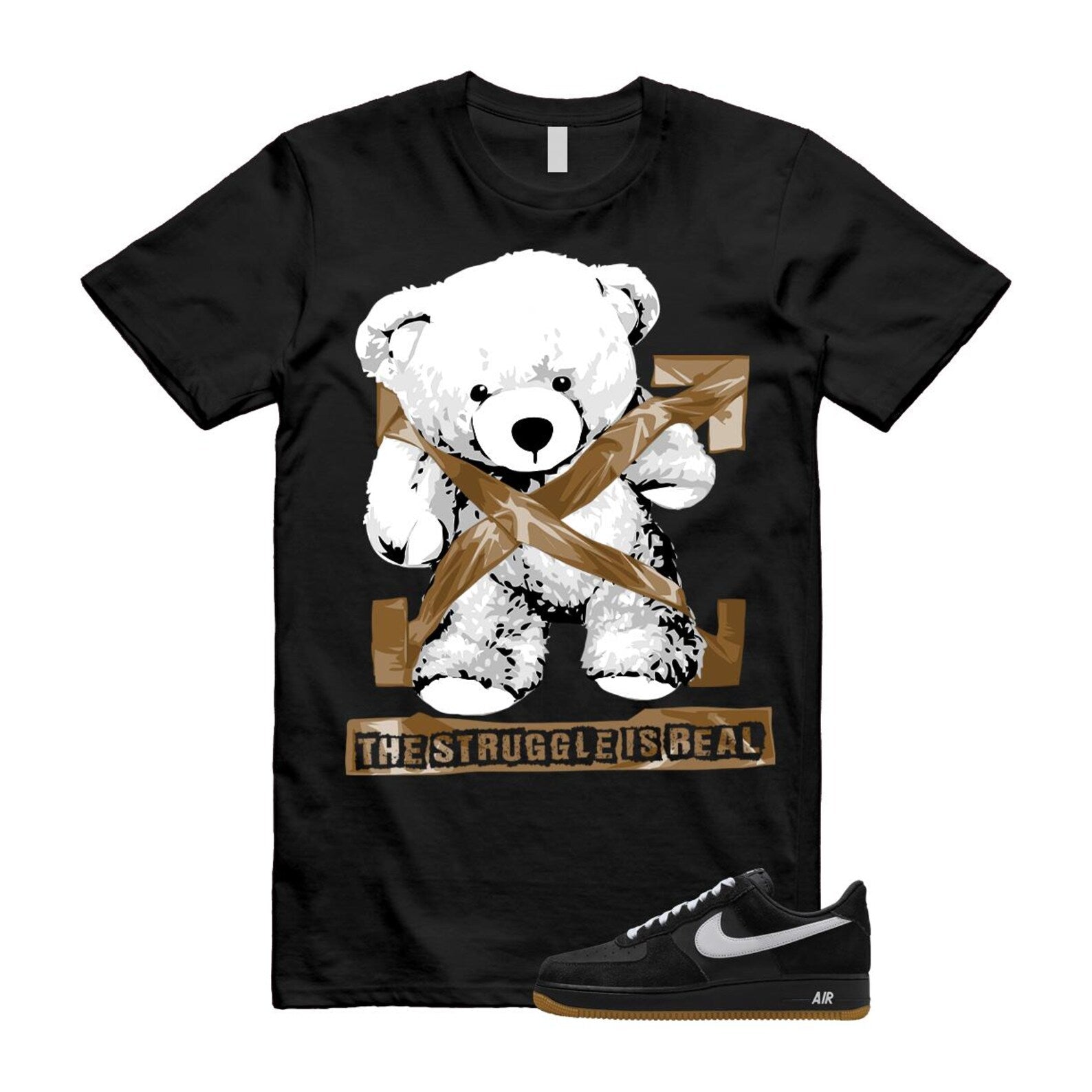 Air Force 1 Black White Gum Light Brown '07 LV8 T Shirt Match STRUG IB6388-001 T-Shirt, Sneaker Match Tee