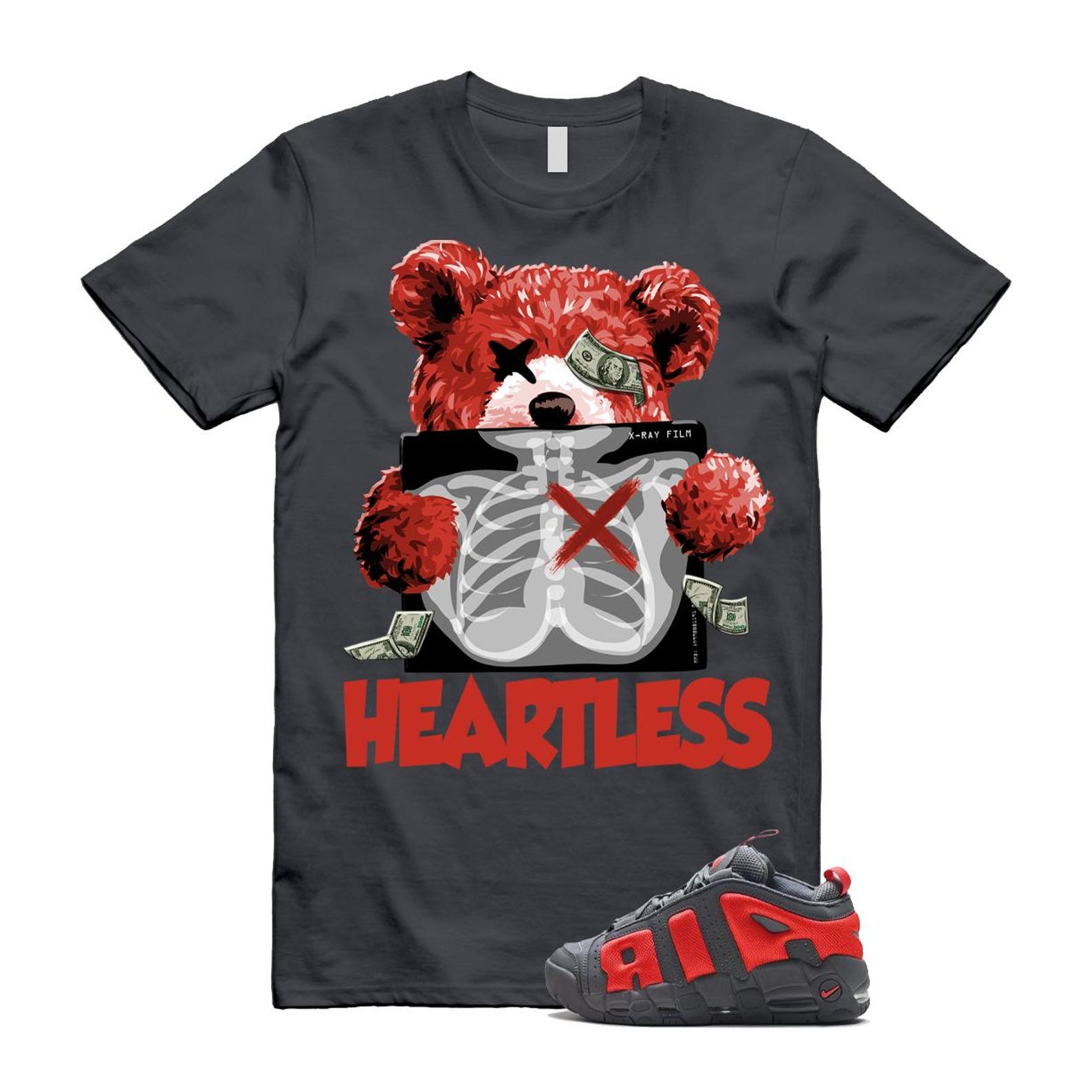 Uptempo Dark Grey Light Crimson Air More T Shirt Match HEART FZ3055-002 T-Shirt, Sneaker Match Tee