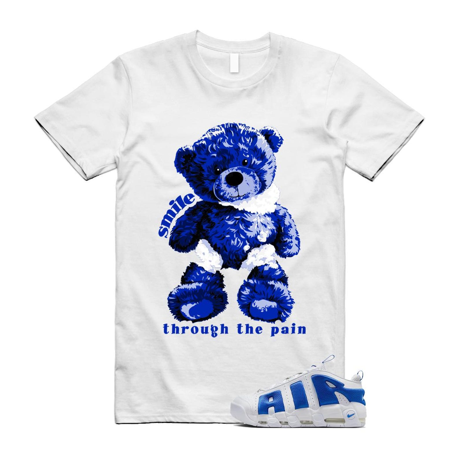 Uptempo White Blue Hyper Royal Psychic Air More T Shirt Match SMILE FZ3055-101 T-Shirt, Sneaker Match Tee