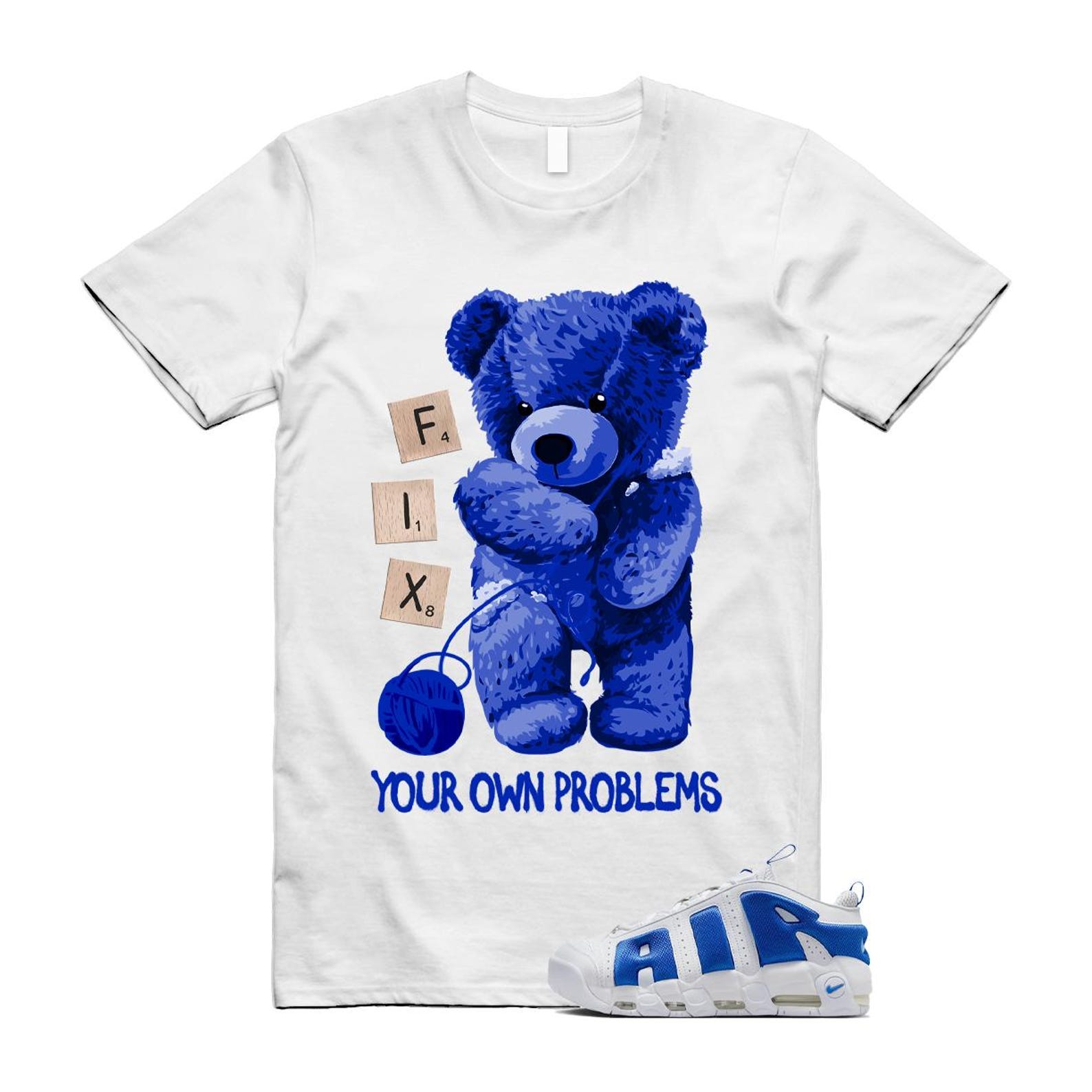 Uptempo White Blue Hyper Royal Psychic Air More T Shirt Match FIX FZ3055-101 T-Shirt, Sneaker Match Tee