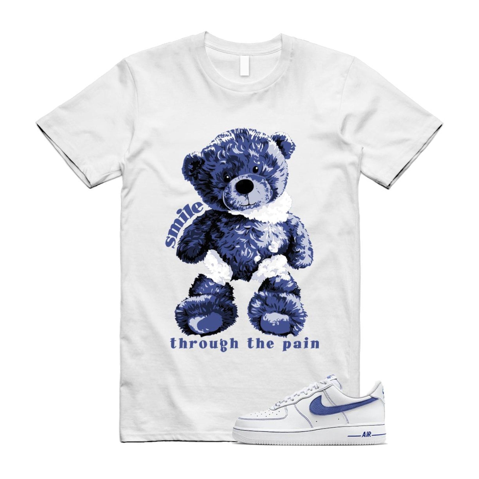 Air Force 1 White Deep Royal Blue '07 LV8 T Shirt Match SMILE HQ2037-100 T-Shirt, Sneaker Match Tee