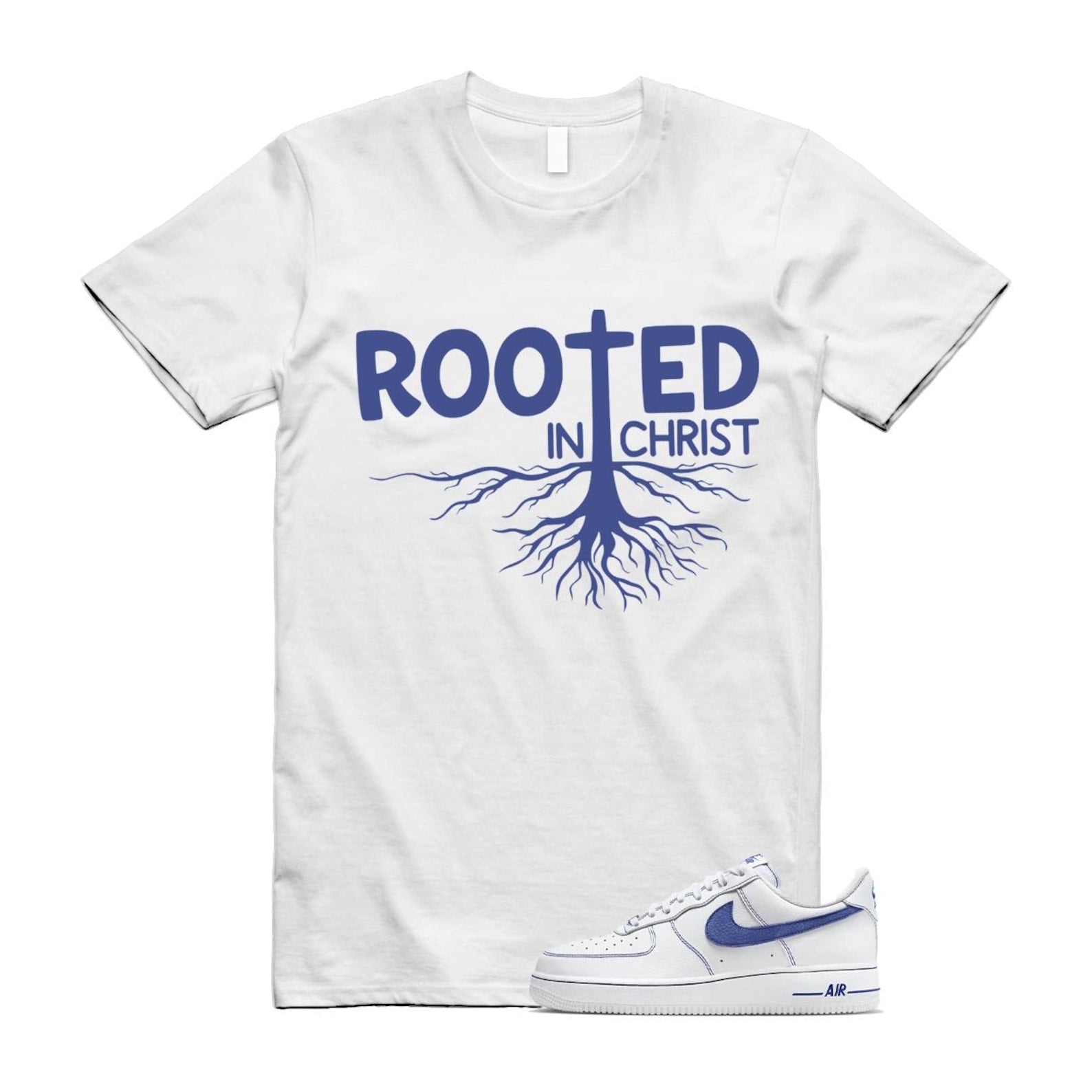 Air Force 1 White Deep Royal Blue '07 LV8 T Shirt Match ROOTED HQ2037-100 T-Shirt, Sneaker Match Tee