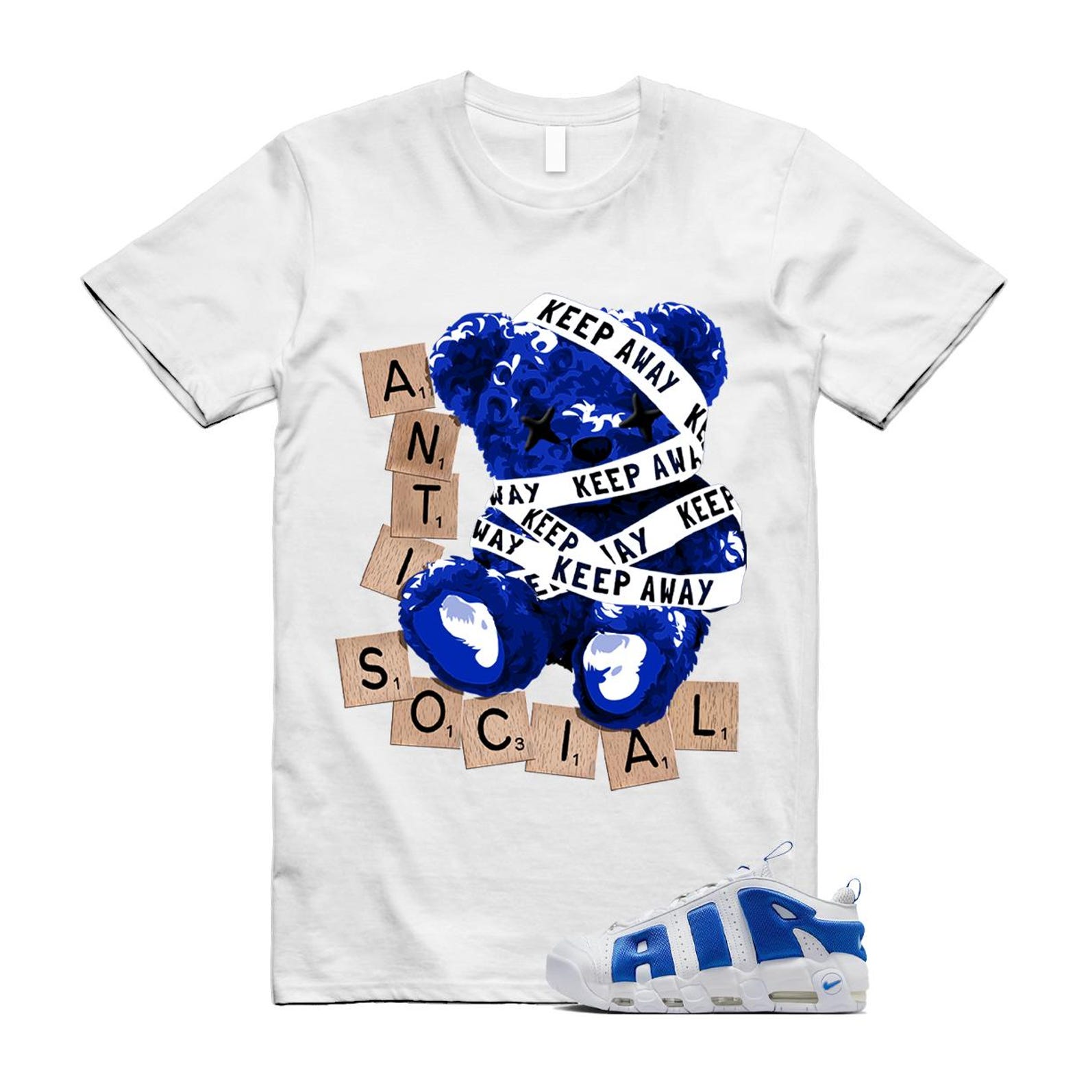 Uptempo White Blue Hyper Royal Psychic Air More T Shirt Match ANTI FZ3055-101 T-Shirt, Sneaker Match Tee