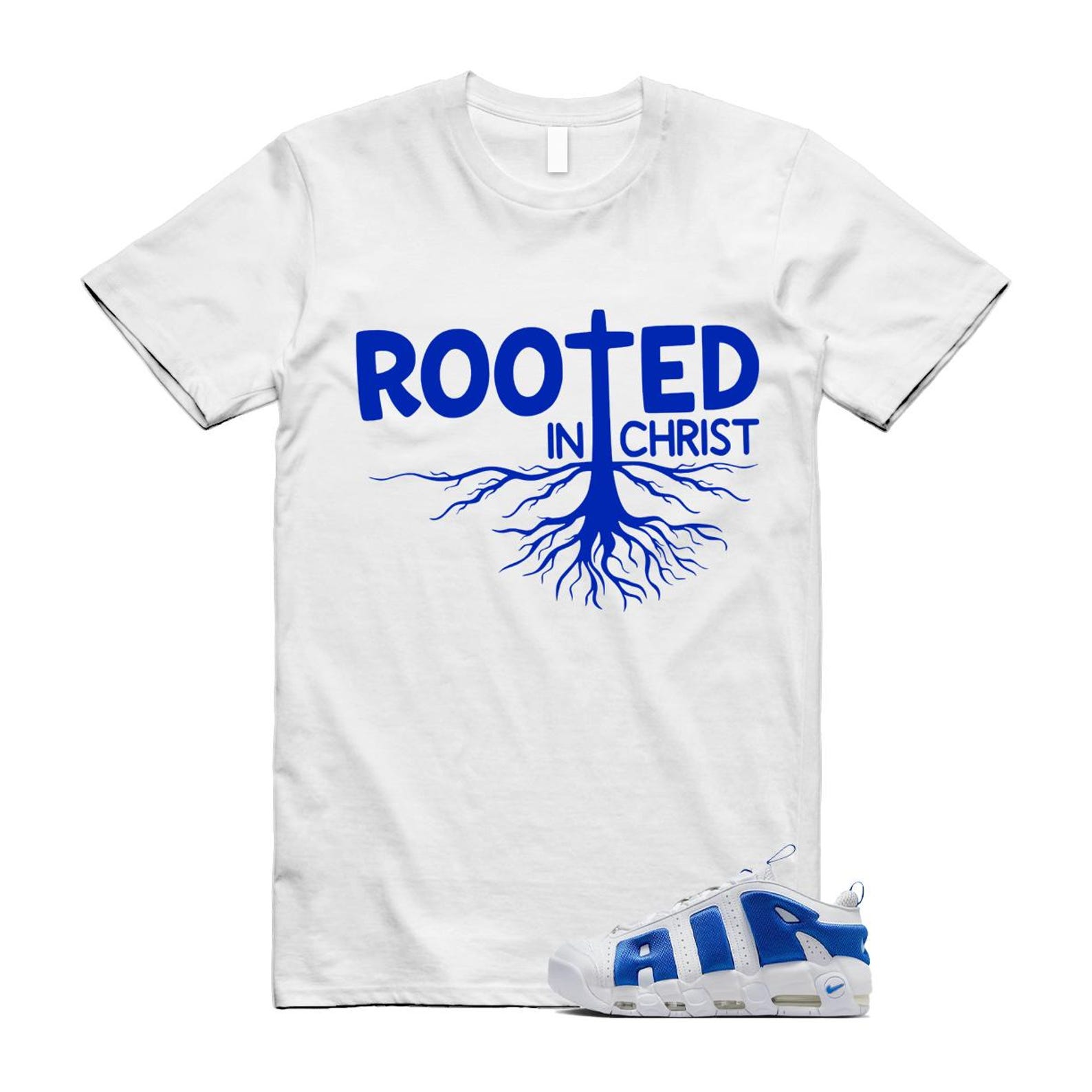 Uptempo White Blue Hyper Royal Psychic Air More T Shirt Match ROOTED FZ3055-101 T-Shirt, Sneaker Match Tee