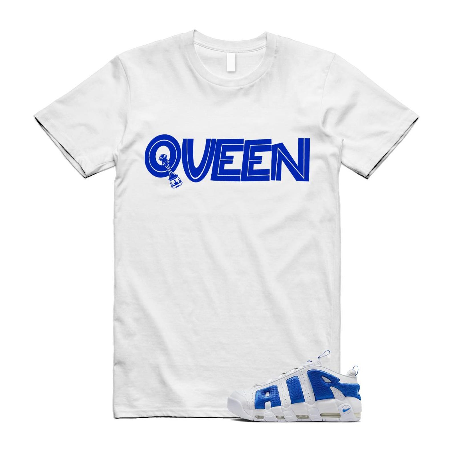 Uptempo White Blue Hyper Royal Psychic Air More T Shirt Match QUEEN FZ3055-101 T-Shirt, Sneaker Match Tee