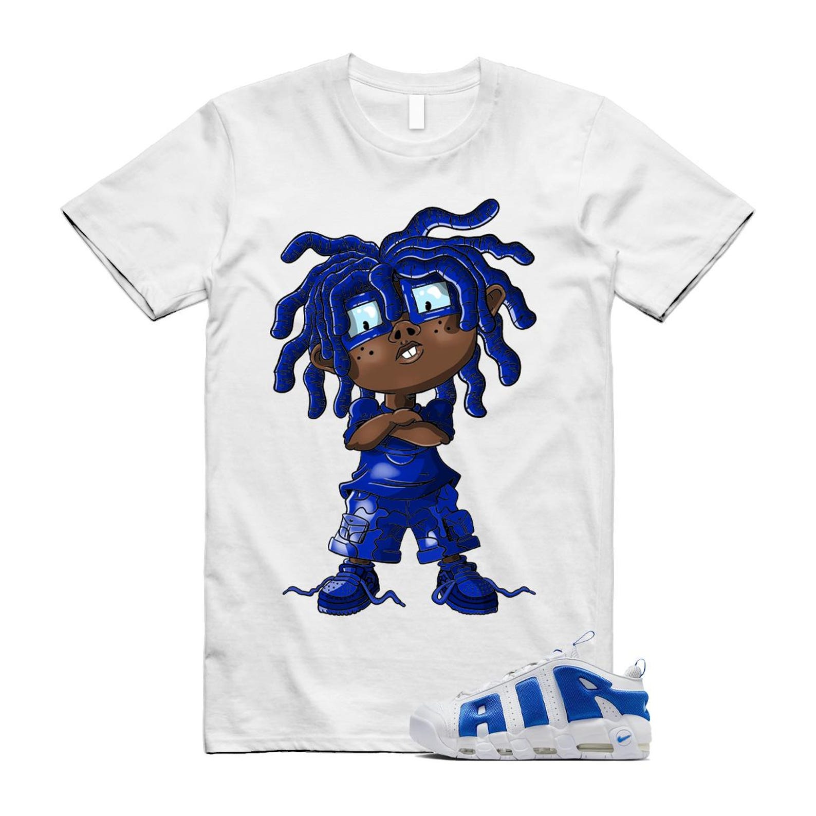 Uptempo White Blue Hyper Royal Psychic Air More T Shirt Match CHONGO FZ3055-101 T-Shirt, Sneaker Match Tee