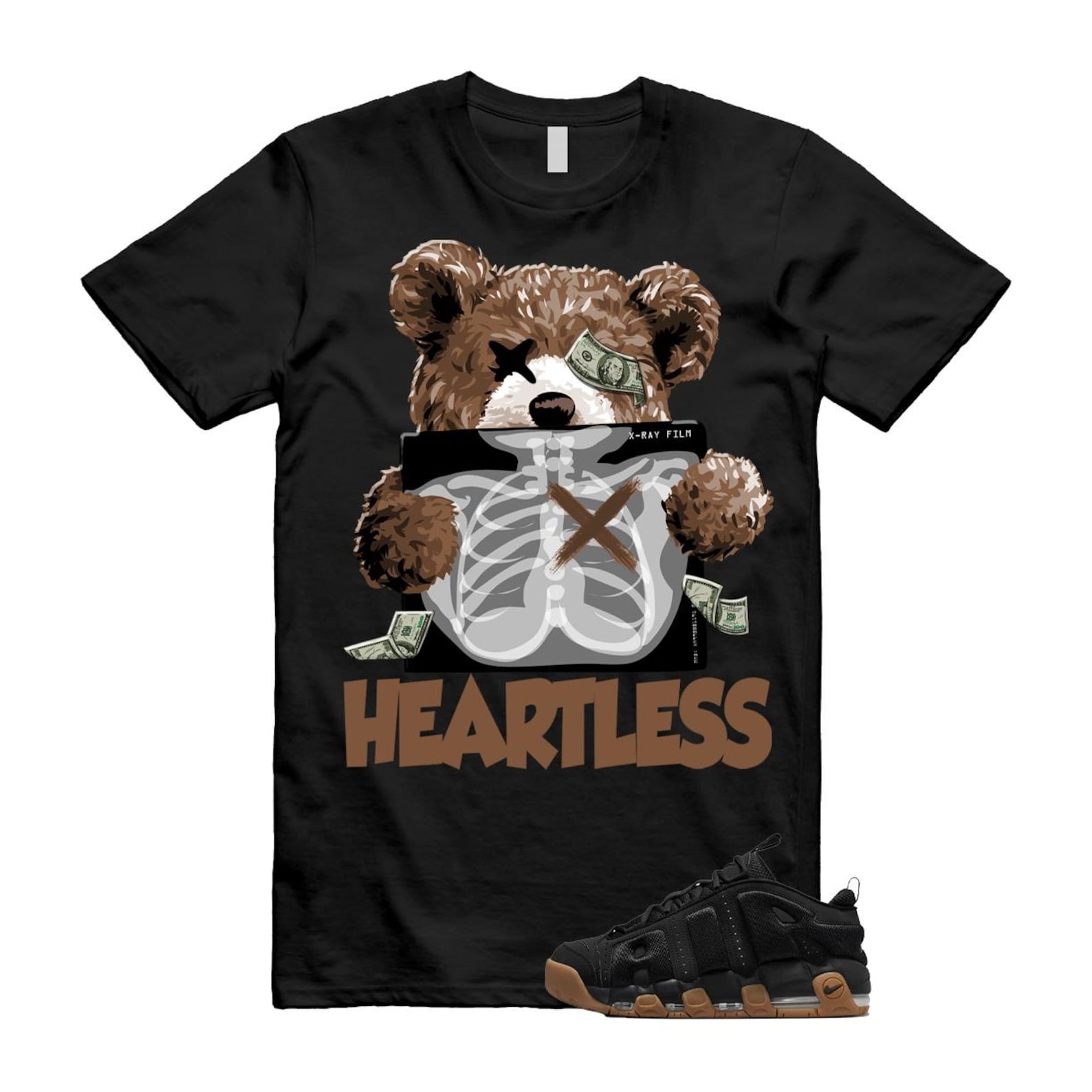Uptempo Black Gum Air More T Shirt Match HEART FZ3055-003 T-Shirt, Sneaker Match Tee