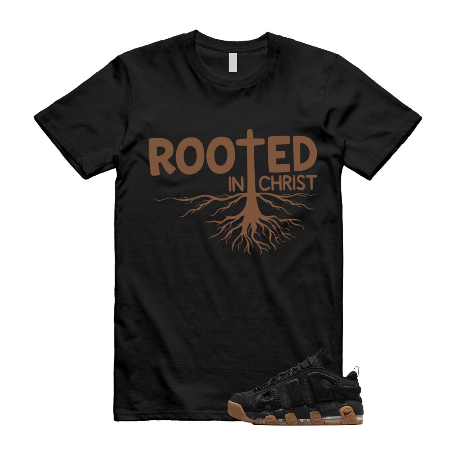 Uptempo Black Gum Air More T Shirt Match ROOTED FZ3055-003 T-Shirt, Sneaker Match Tee