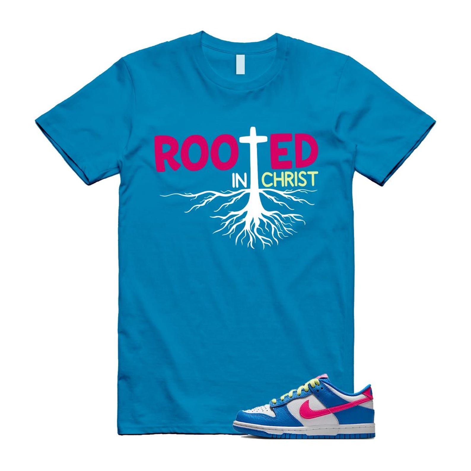 Dunk Photo Blue White Light Lemon Twist Hyper Pink T Shirt Match ROOTED IB7747-406 T-Shirt, Sneaker Match Tee