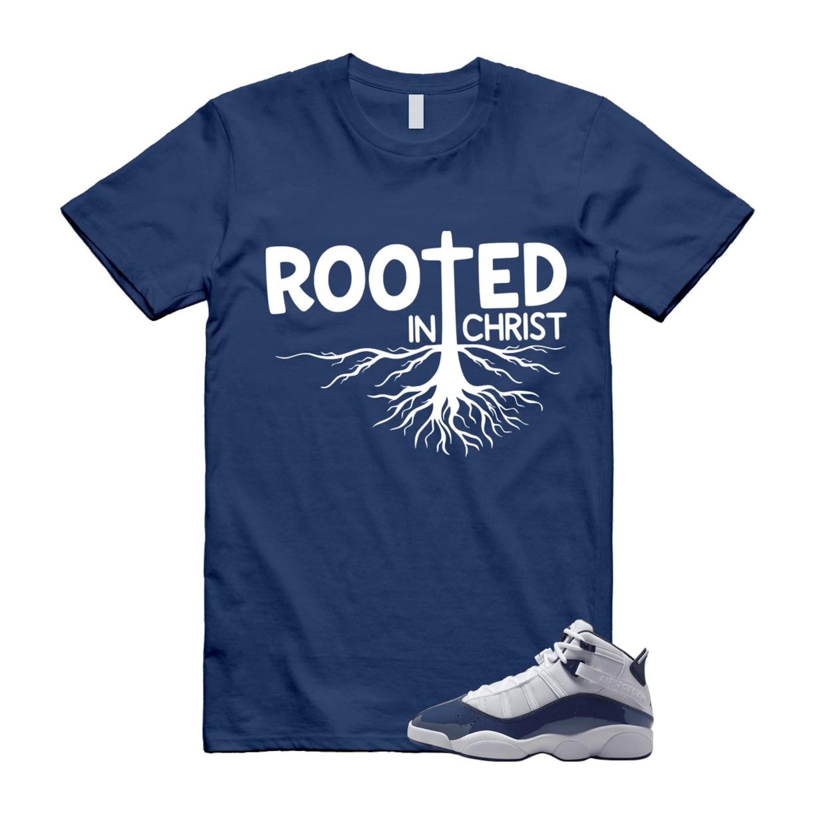 6 Rings White Midnight Navy T Shirt Match ROOTED 323419-124 T-Shirt, Sneaker Match Tee