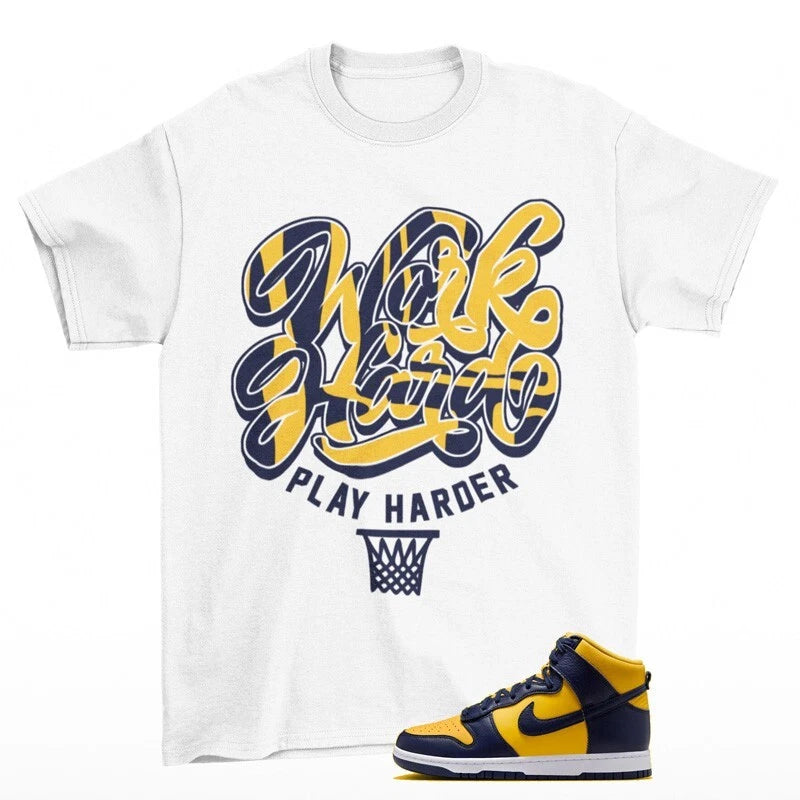 Play Harder Sneaker Shirt White to Match Dunk High Michigan HF3143-700 T-Shirt, Sneaker Match Tee