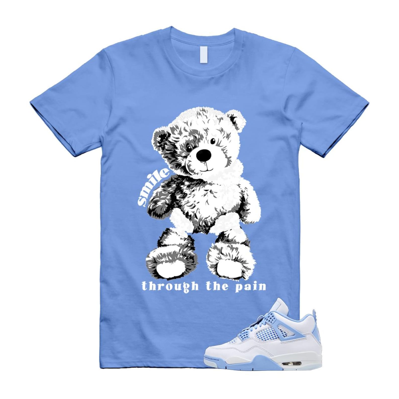 4 Forget Me Not White Aluminum Blue Tint Carolina T Shirt Match SMILE HV0823-100 T-Shirt, Sneaker Match Tee