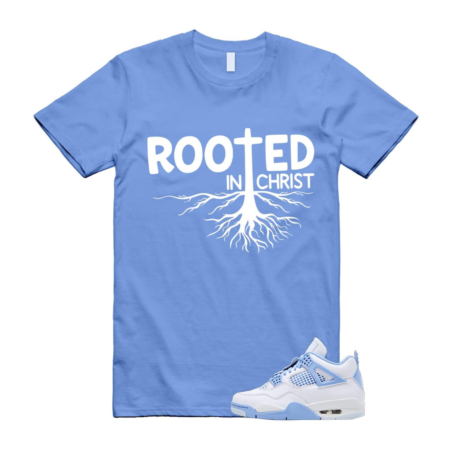 4 Forget Me Not White Aluminum Blue Tint Carolina T Shirt Match ROOTED HV0823-100 T-Shirt, Sneaker Match Tee